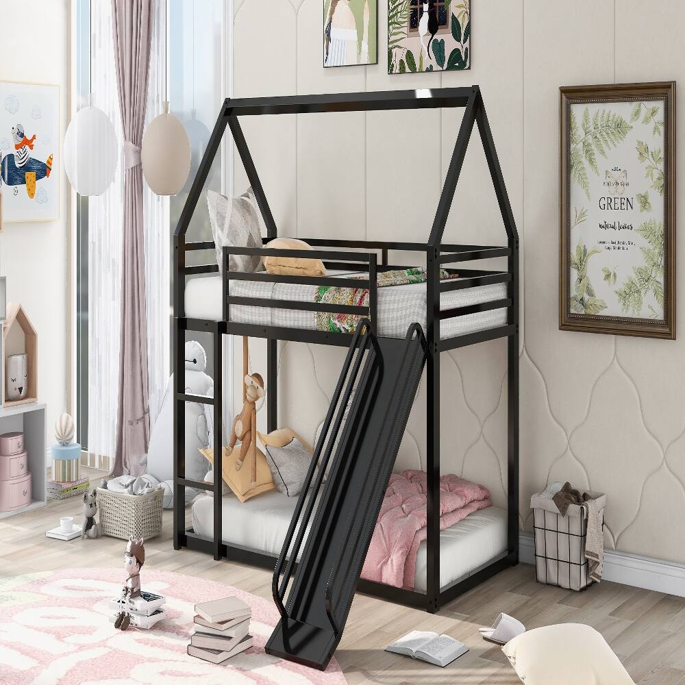 Left. Loheer - Loheer Twin Over Twin Bunk Bed House Bed with Slide Black Metal - Black.