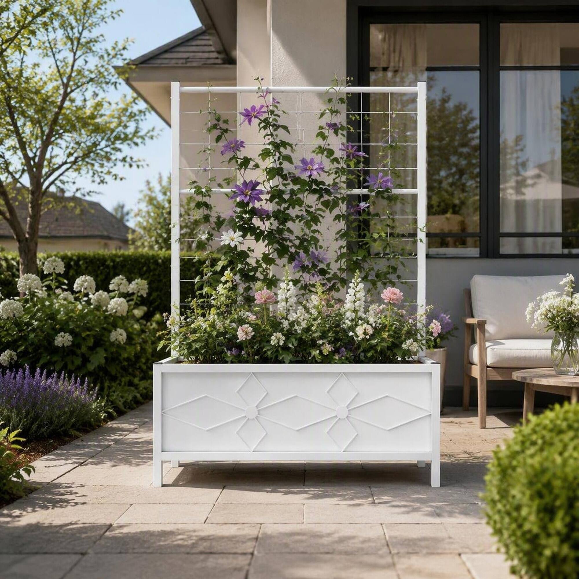 Left. RYHNUYNE - Outdoor Raised Garden Bed with Trellis, Galvanized Steel Planter Box for Climbing Vines, White Finish, 35.4 x 15.7 - White.