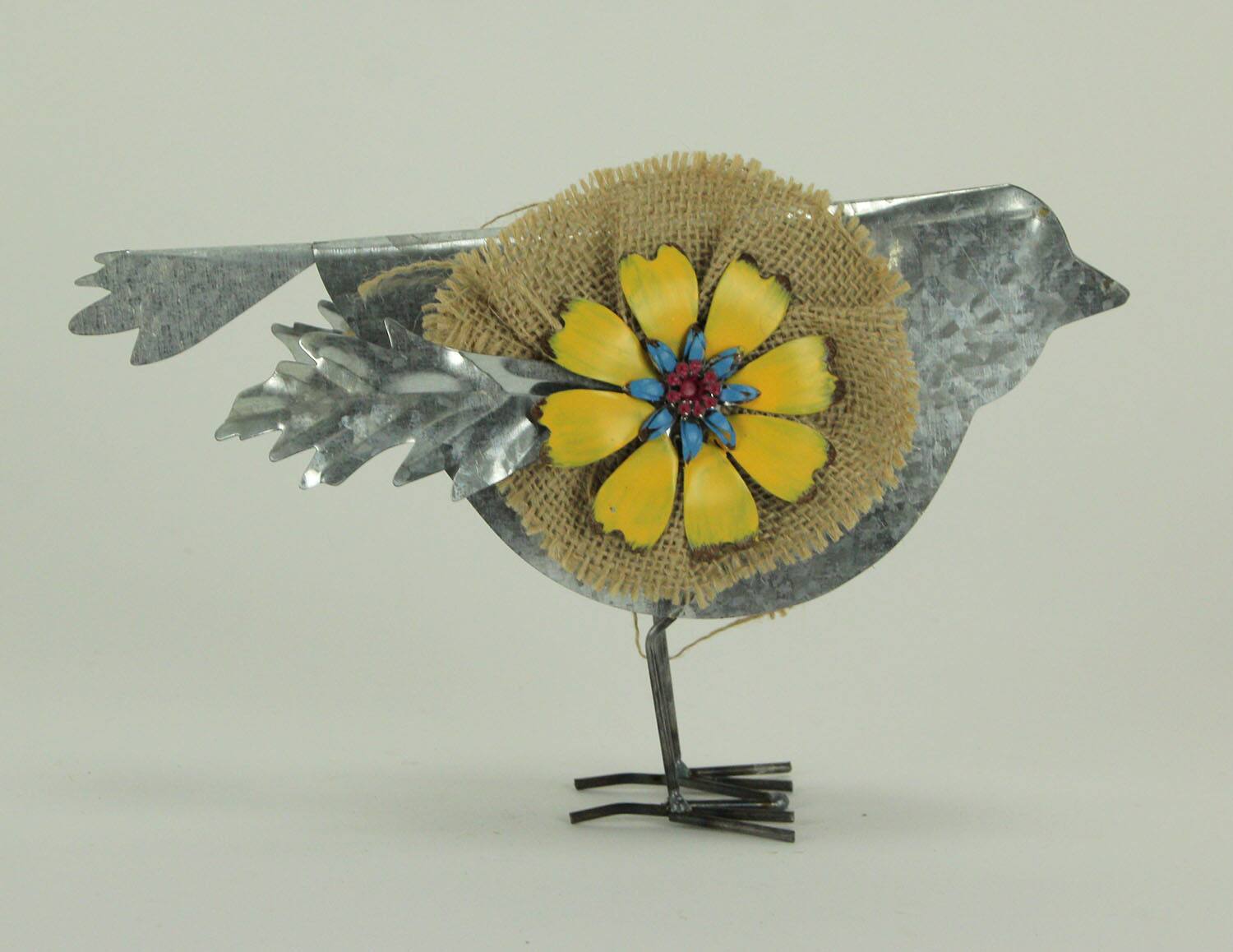 Alt View 1. Zeckos - Metal and Burlap Rustic Flower Bird Sculptures Set of 3 - Multicolored.