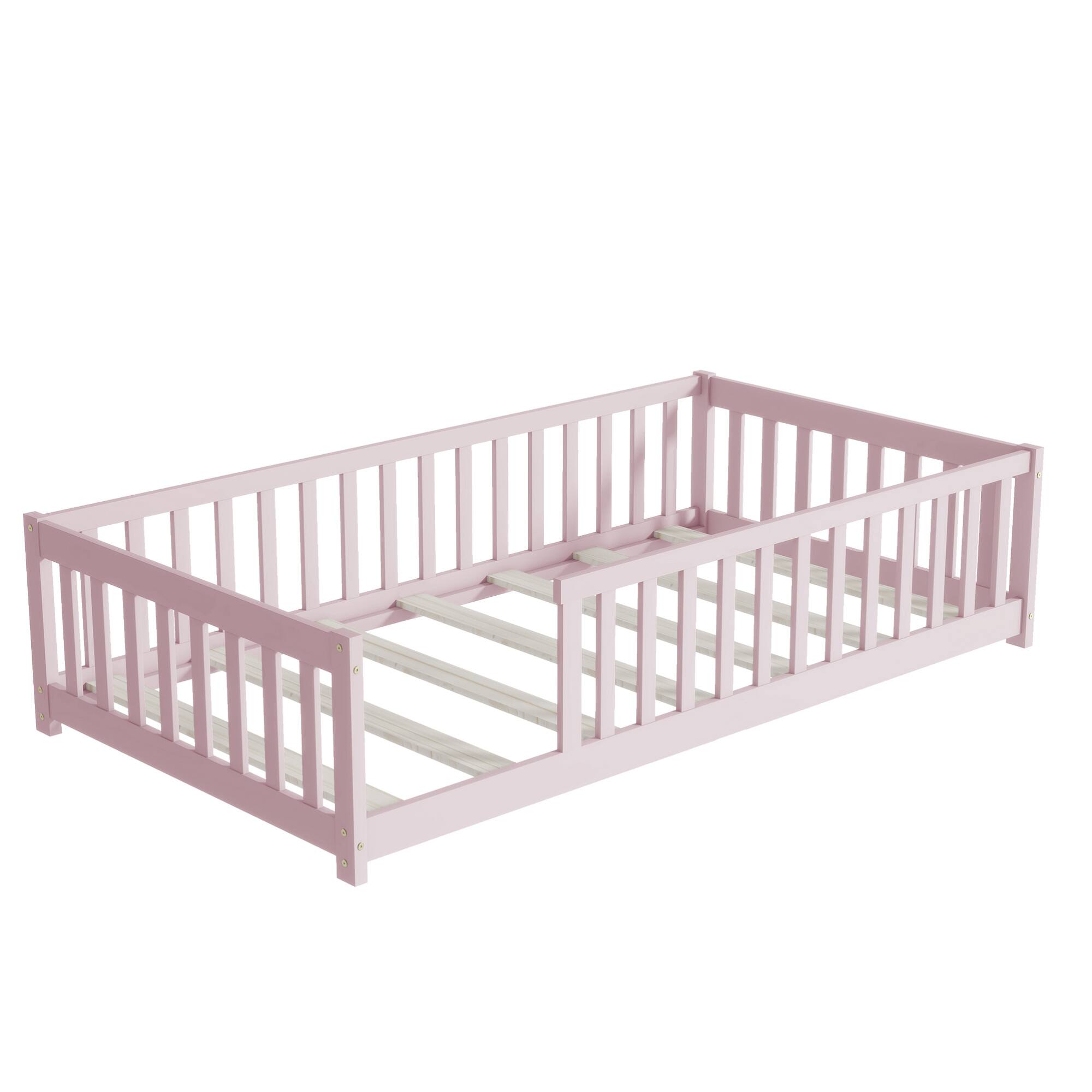 Alt View 7. GOODSILO - Twin Size Low-Profile Youth Bed with Secure Enclosure Frame, Solid Wood Construction, Neutral Finish - Pink.