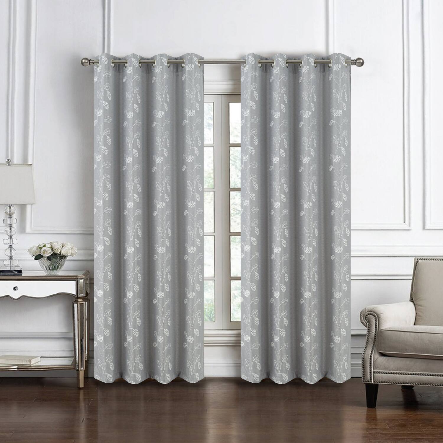 Angle. RT Designers Collection - RT Designers Collection 100% Polyester 140 GSM Reed Embroidered Grommet Curtain Panel 54" x 90" Grey - Grey.