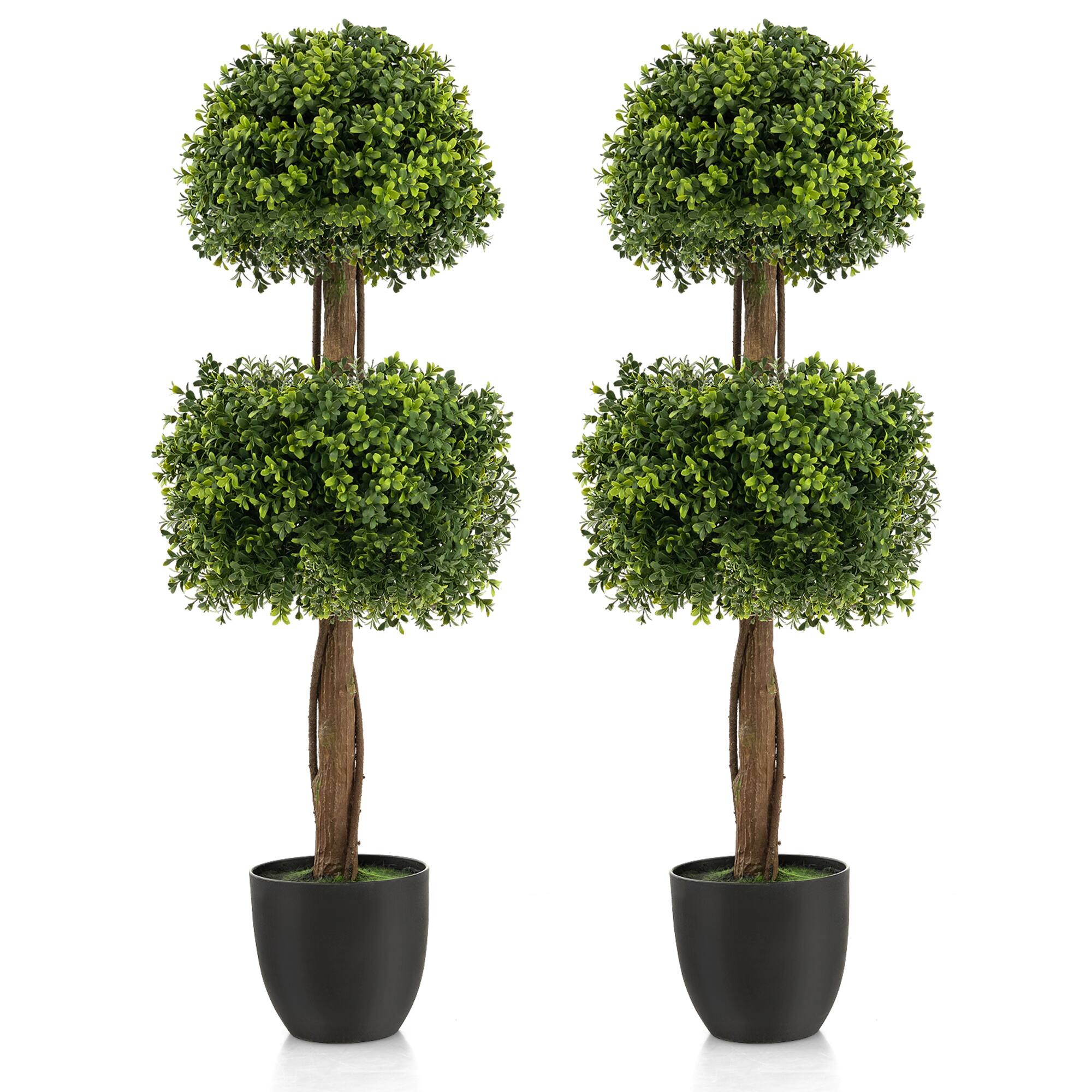 Front. Gymax - Gymax 2-Pack 40'' Artificial Boxwood Topiary Ball Tree Faux Plant for Decoration - Green, Black.