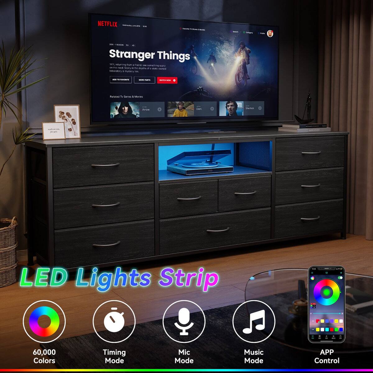 NETFLIX - Stranger Things WA muring fran a mana S cUmBTNG NR - the - Seary . the droms - . - - IWa + mysry s - - - - - I Related N Se - 4 NADUOS Ara cens Startus LED Lights Strip - 60,000 Colors Timing Mode Mic Mode Music Mode APP Control