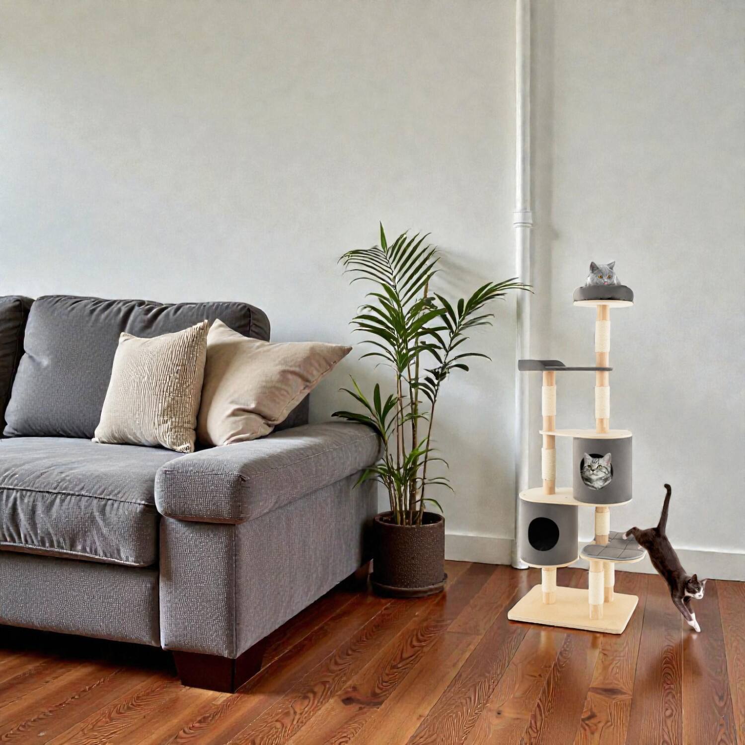 Front. BreeBe - Wooden 6-Layer Cat Climbing Tower with Two Detachable Hideouts and Perch - Gray.