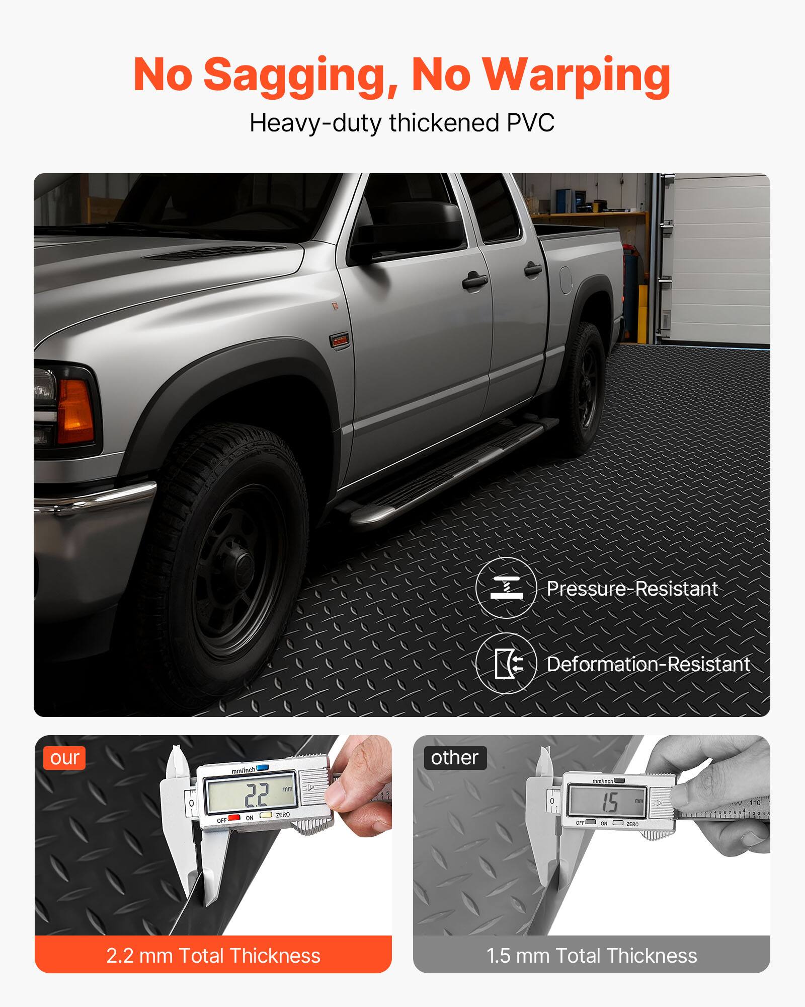 No Sagging, No Warping  
Heavy-duty thickened PVC  

Pressure-Resistant  
Deformation-Resistant  

Our: 2.2 mm Total Thickness  
Other: 1.5 mm Total Thickness