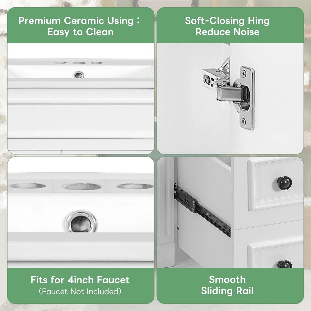 Premium Ceramic Using: Easy to Clean  
Soft-Closing Hinge Reduce Noise  
Fits for 4inch Faucet (Faucet Not Included)  
Smooth Sliding Rail