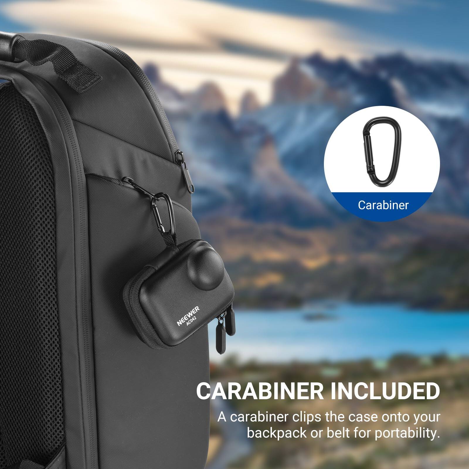 CARABINER INCLUDED  
A carabiner clips the case onto your backpack or belt for portability.