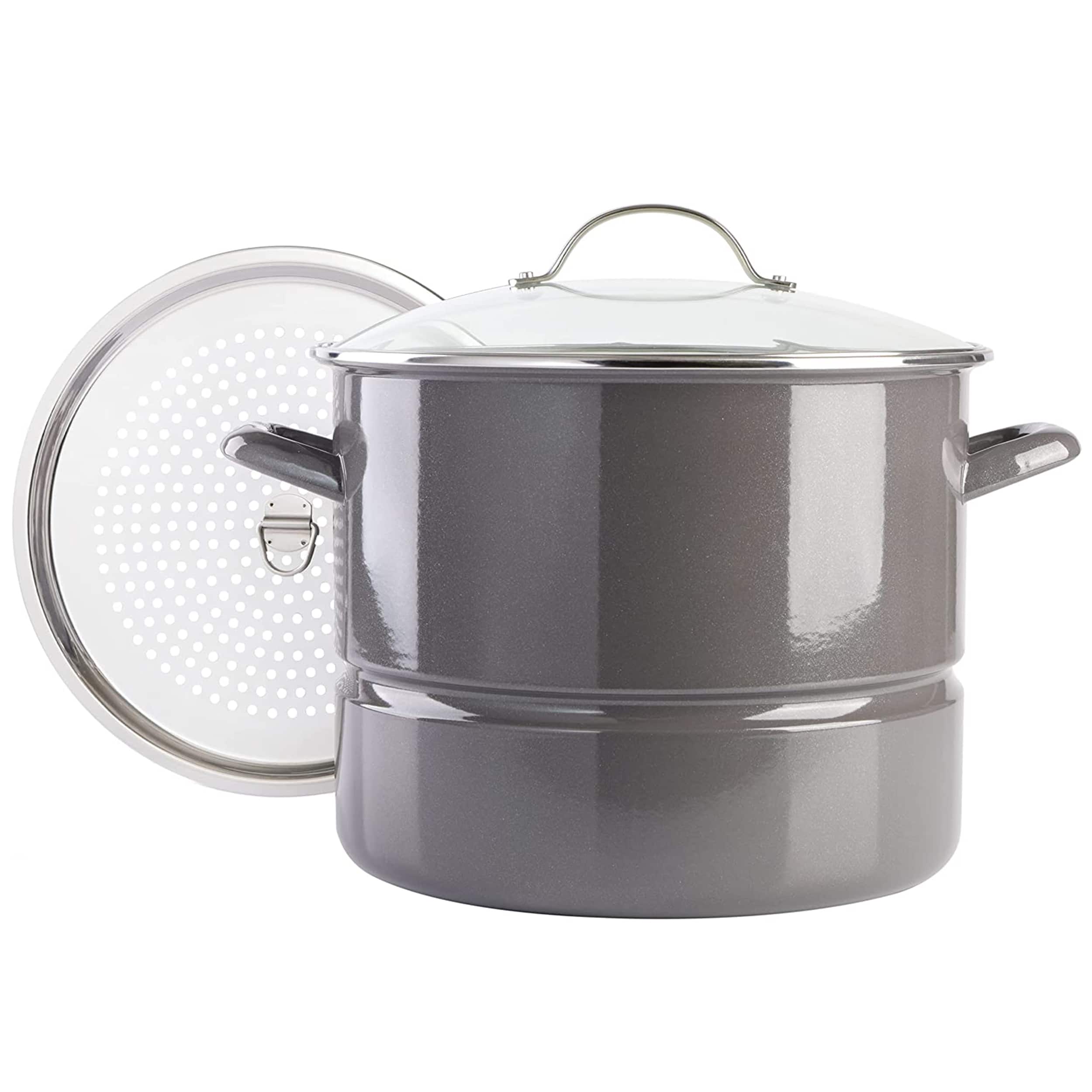 Kenmore - 16 Quart Enamel On Steel Stock Pot With Steamer and Lid in Graphite - Grey