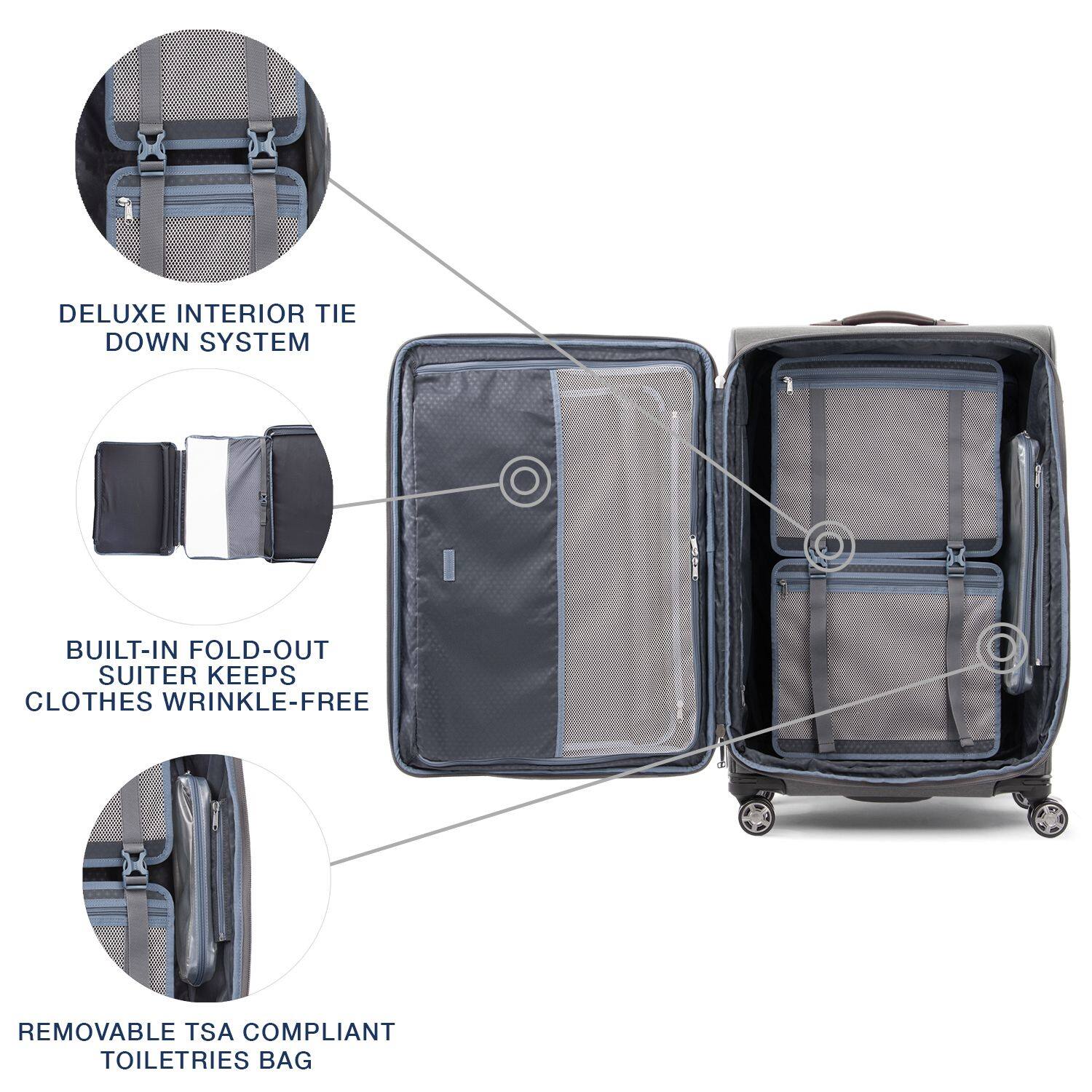 DELUXE INTERIOR TIE DOWN SYSTEM  
BUILT-IN FOLD-OUT SUITER KEEPS CLOTHES WRINKLE-FREE  
REMOVABLE TSA COMPLIANT TOILETRIES BAG