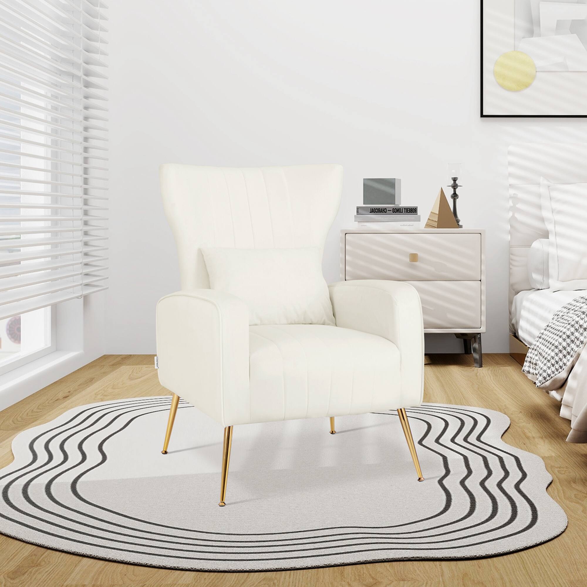 Alt View 11. Costway - Velvet Upholstered Wingback Chair with Lumbar Pillow and Golden Metal Legs - White.