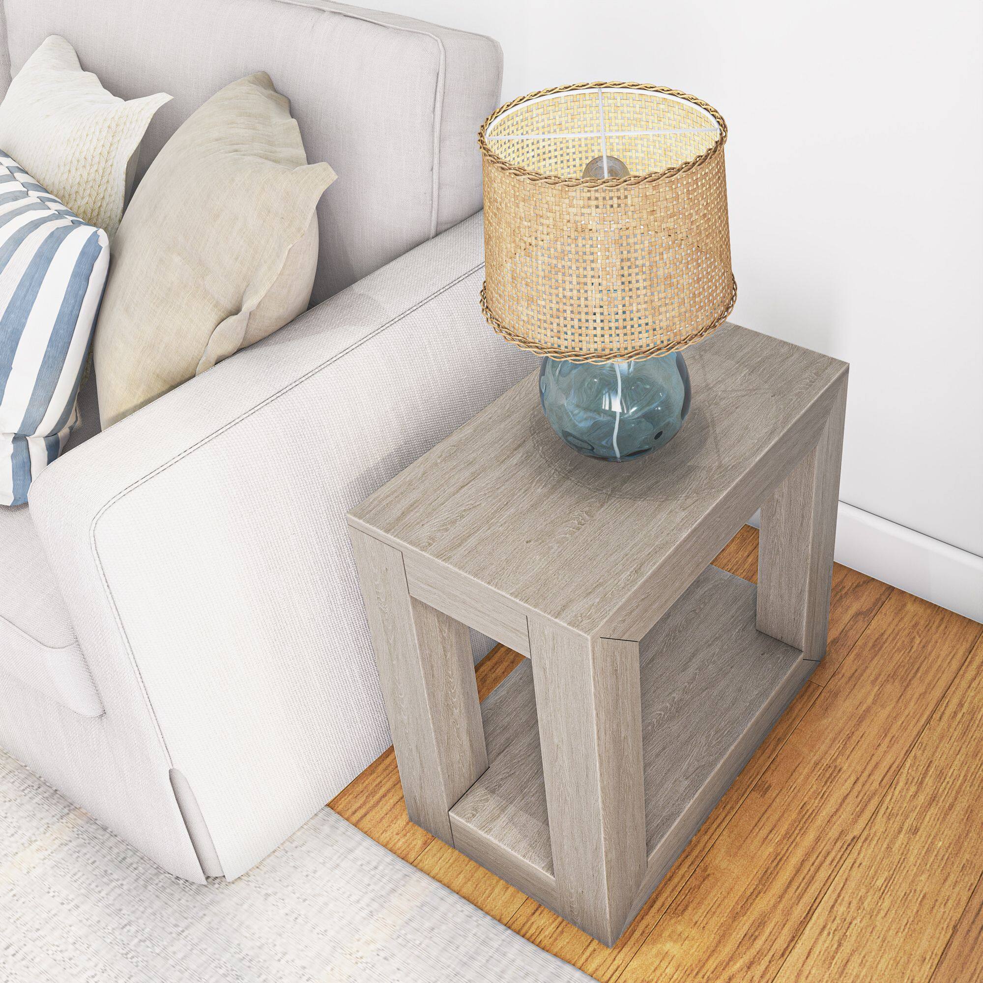 Alt View 4. Plank+Beam - Modern Rectangular Side Table with Shelf (24in x 15in / 630mm x 375mm), Seashell Wirebrush - Seashell Wirebrush.