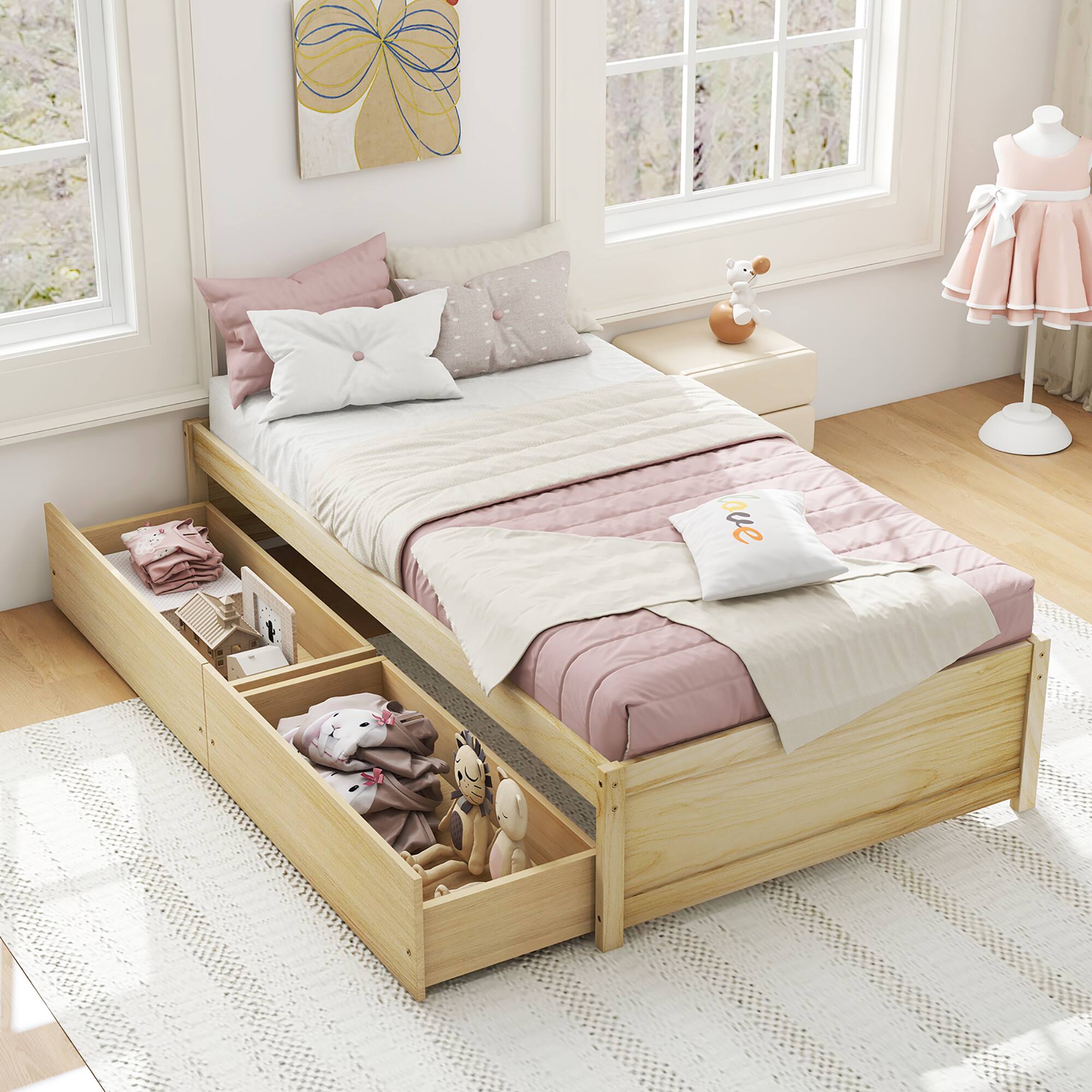 Alt View 3. Gymax - Gymax Twin Size Captain Bed w/ 2 Drawers Slats Support Twin Daybed Heavy Duty Wood Natural - Natural.