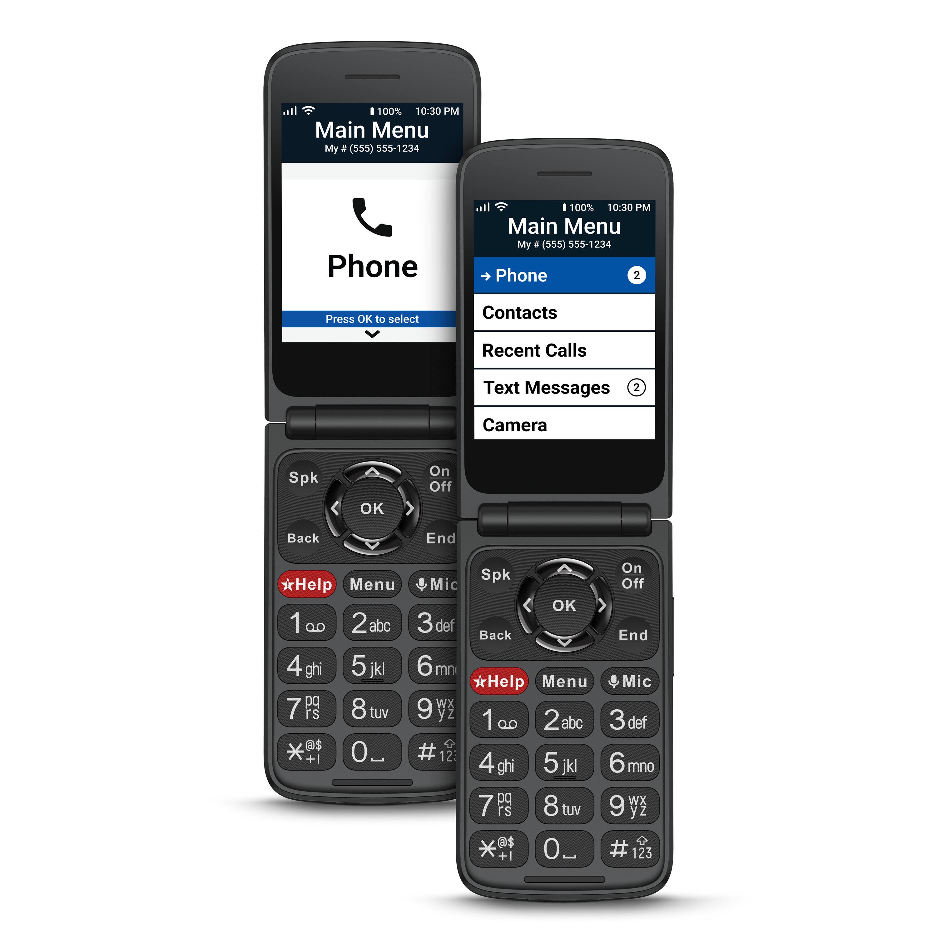 I 100% 10:30 PM Main Menu My # (555) 555-1234 Phone I 100% 10:30 PM Main Menu My # (555) 555-1234 Phone 2 Press OK to select Contacts Recent Calls Text Messages 2 Camera Spk OK On Off Back End On Spk Off *Help Menu Mic OK 1 100 2 abc 3 def Back End 4 ghi 5 jkl 6 mn *Help Menu Mic 7 pq 8 tuv 9 yz 1 00 2abc 3 def 0 +1 # 123