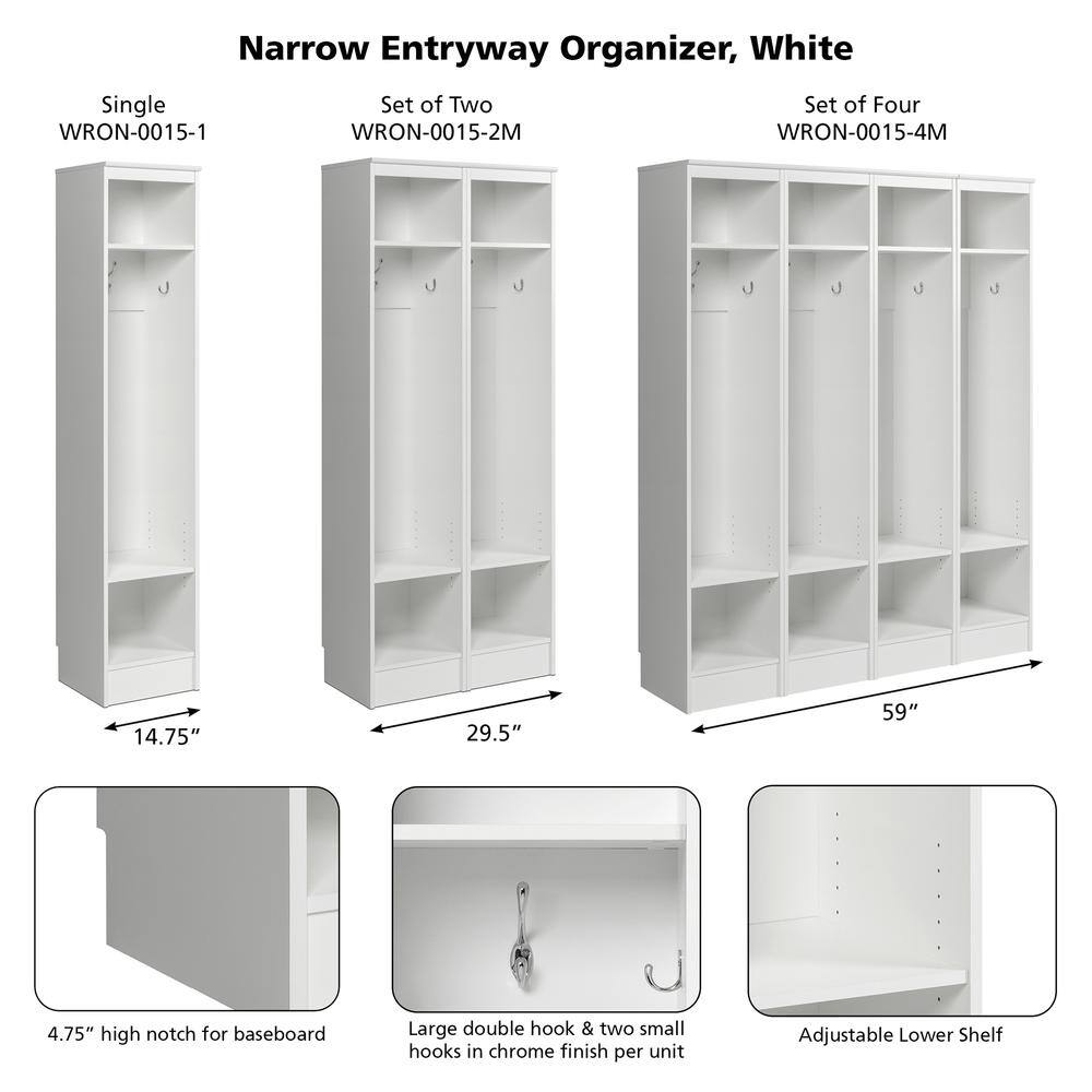 Narrow Entryway Organizer, White

- Single: WRON-0015-1
- Set of Two: WRON-0015-2M
- Set of Four: WRON-0015-4M

Dimensions:
- Single: 14.75" wide
- Set of Two: 29.5" wide
- Set of Four: 59" wide
- Height: 4.75" high notch for baseboard

Features:
- Large double hook & two small hooks in chrome finish per unit
- Adjustable Lower Shelf
