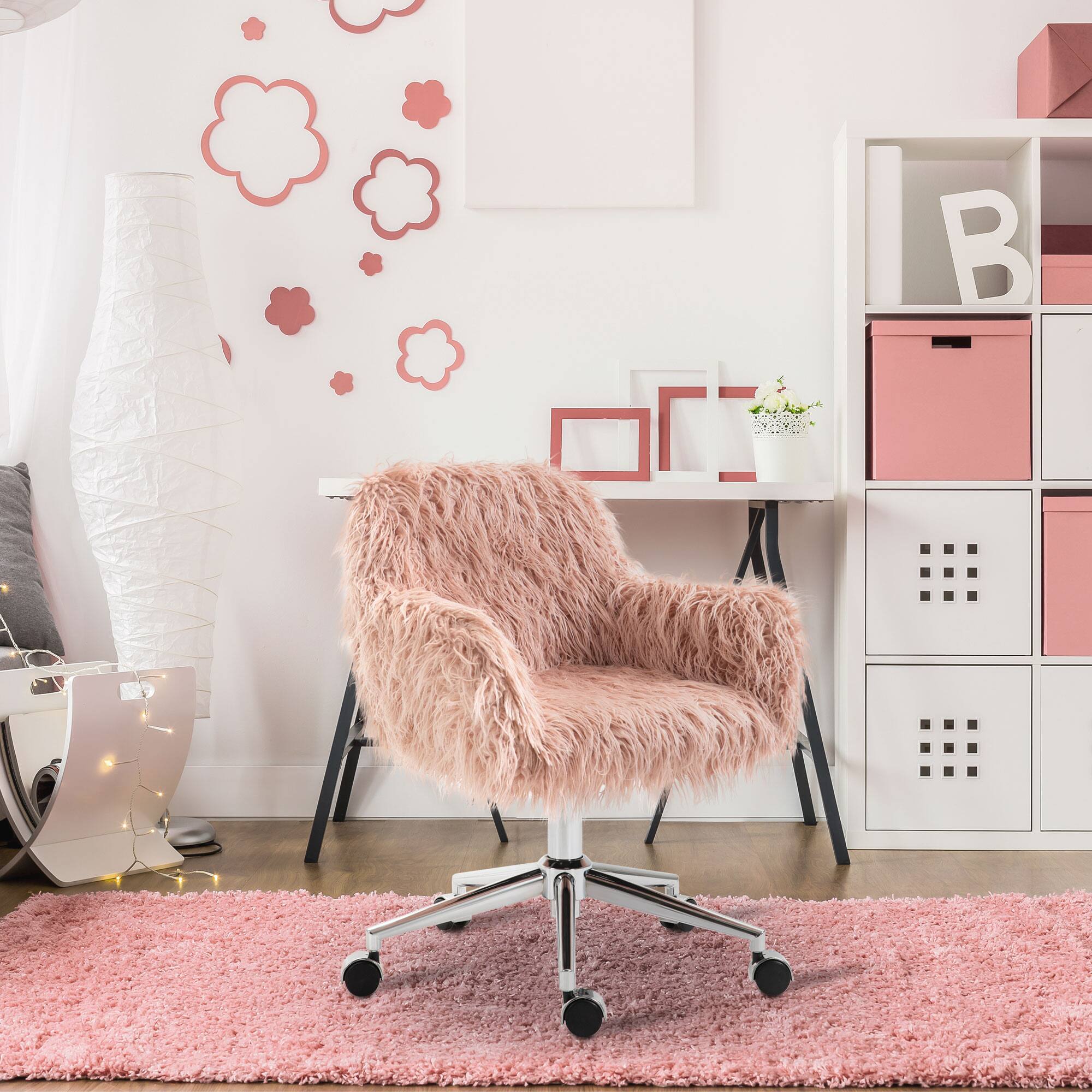 Alt View 1. Vinsetto - Faux Fur Desk Chair, Swivel Vanity Chair with Adjustable Height and Wheels for Office, Bedroom, Pink - Pink.