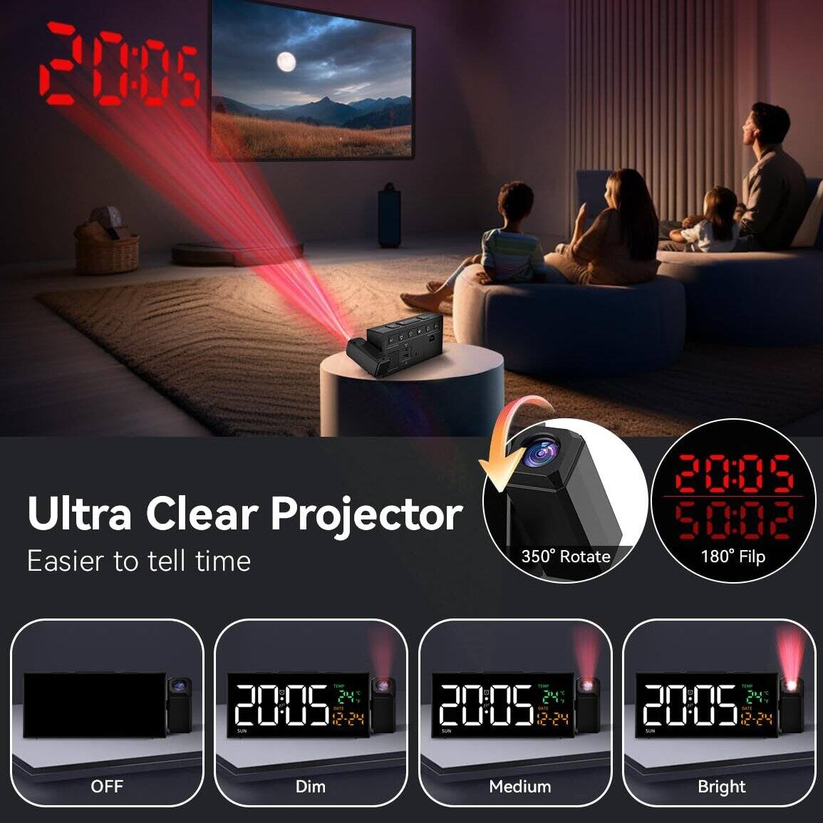 Ultra Clear Projector  
Easier to tell time

20:05  
350° Rotate  
180° Flip  
50:02

OFF  
Dim  
Medium  
Bright

20:05  
12-24  
24:00