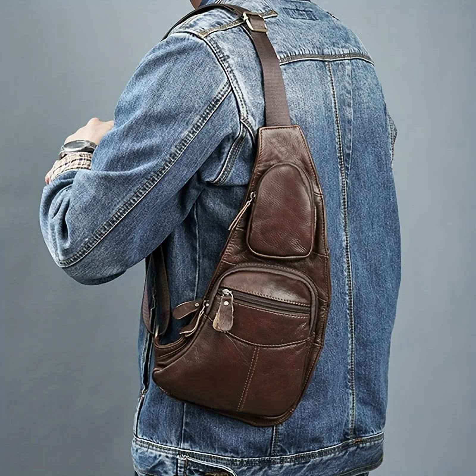 Alt View 1. Generic - Leather Sling Bag Crossbody Backpack for Men Women Travel Outdoor Sports - Brown.