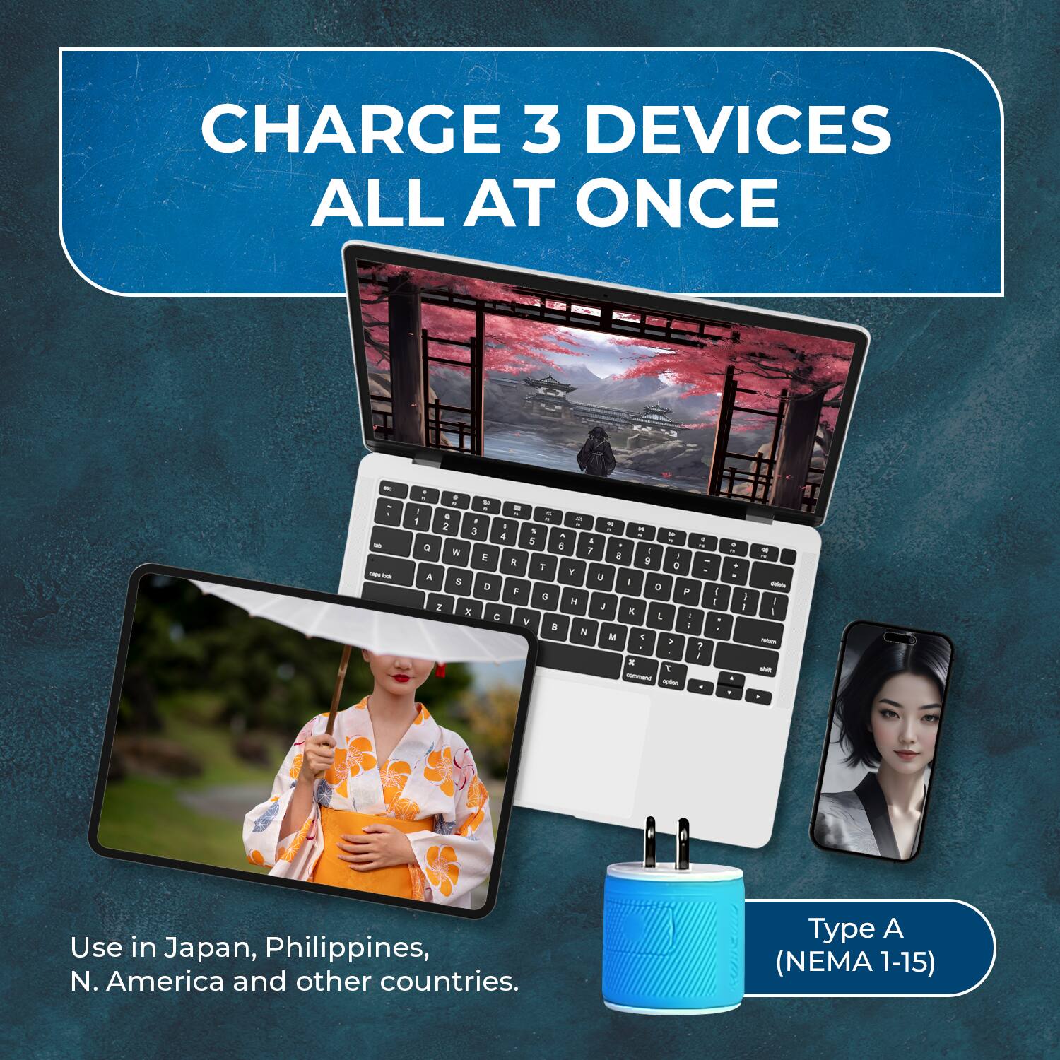 CHARGE 3 DEVICES ALL AT ONCE

Use in Japan, Philippines, N. America and other countries.

Type A (NEMA 1-15)