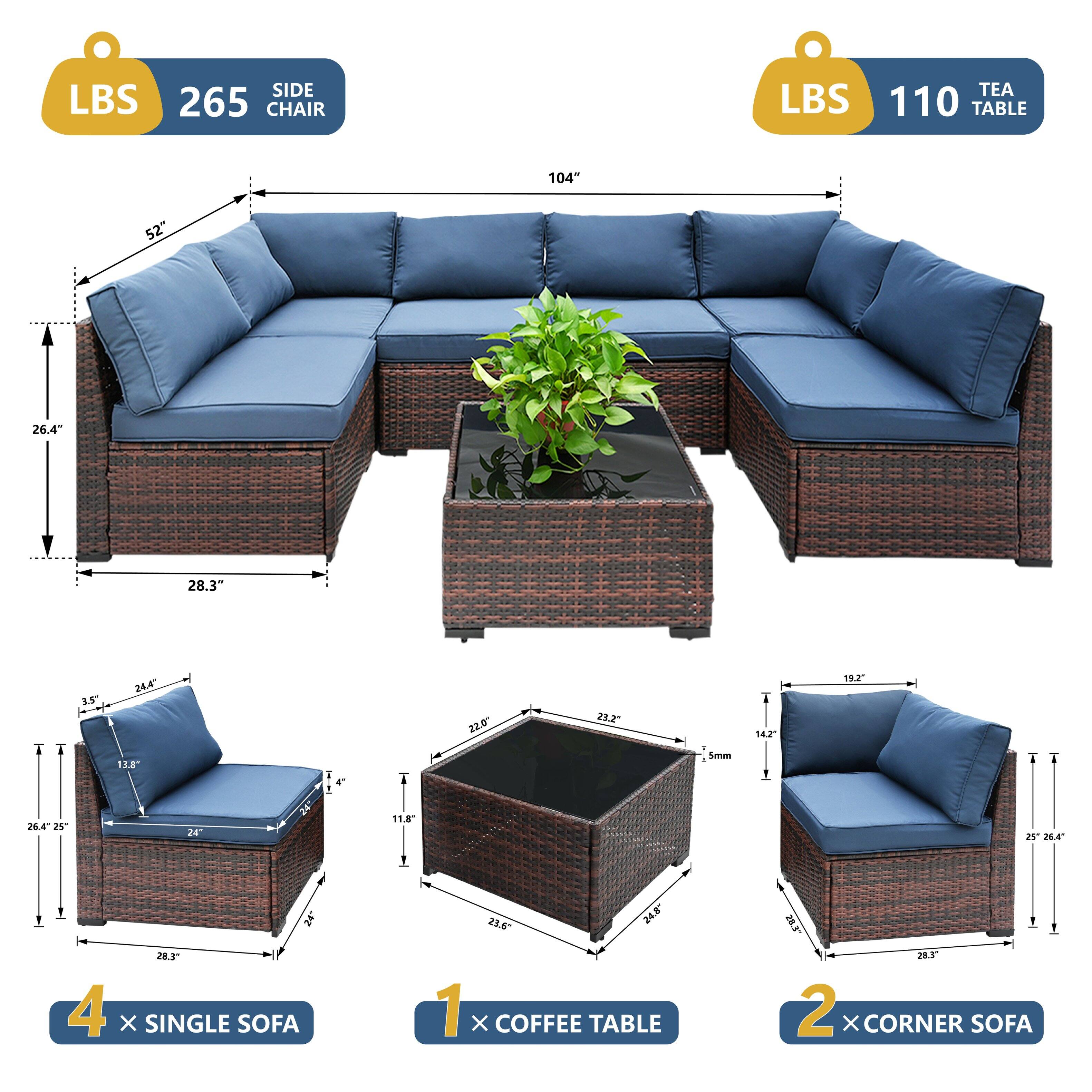 LBS SIDE 265 CHAIR, LBS 110 TABLE, 104", 52", 26.4", 28.3", 3.5", 24.4", 11.8", 4 X SINGLE SOFA, 23.0", 25.2", 1 X COFFEE TABLE, 19.2", 28.5", 2 X CORNER SOFA