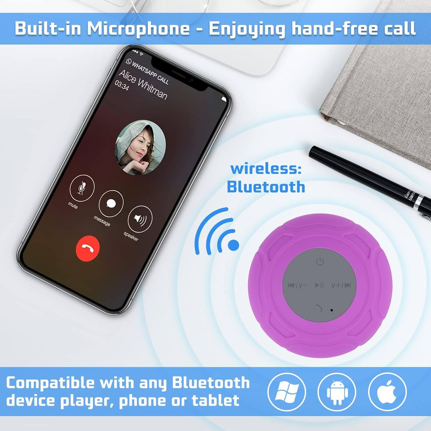 Built-in Microphone - Enjoying hand-free call

Alice Whitman
03:34 CALL

wireless: Bluetooth

Compatible with any Bluetooth device player, phone or tablet