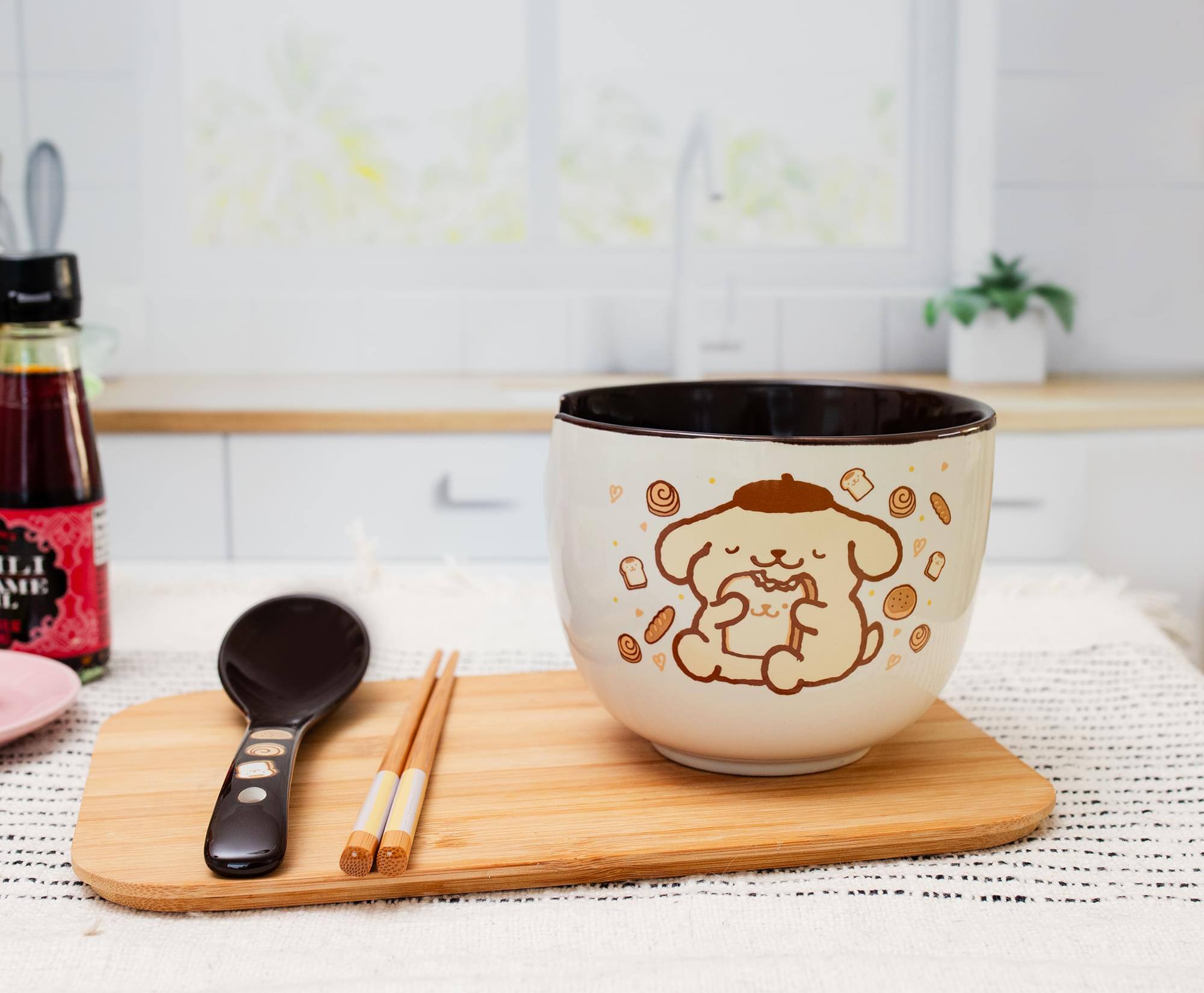 Alt View 3. Silver Buffalo - Sanrio Pompompurin 20-Ounce Ramen Bowl With Chopsticks and Spoon - Yellow.