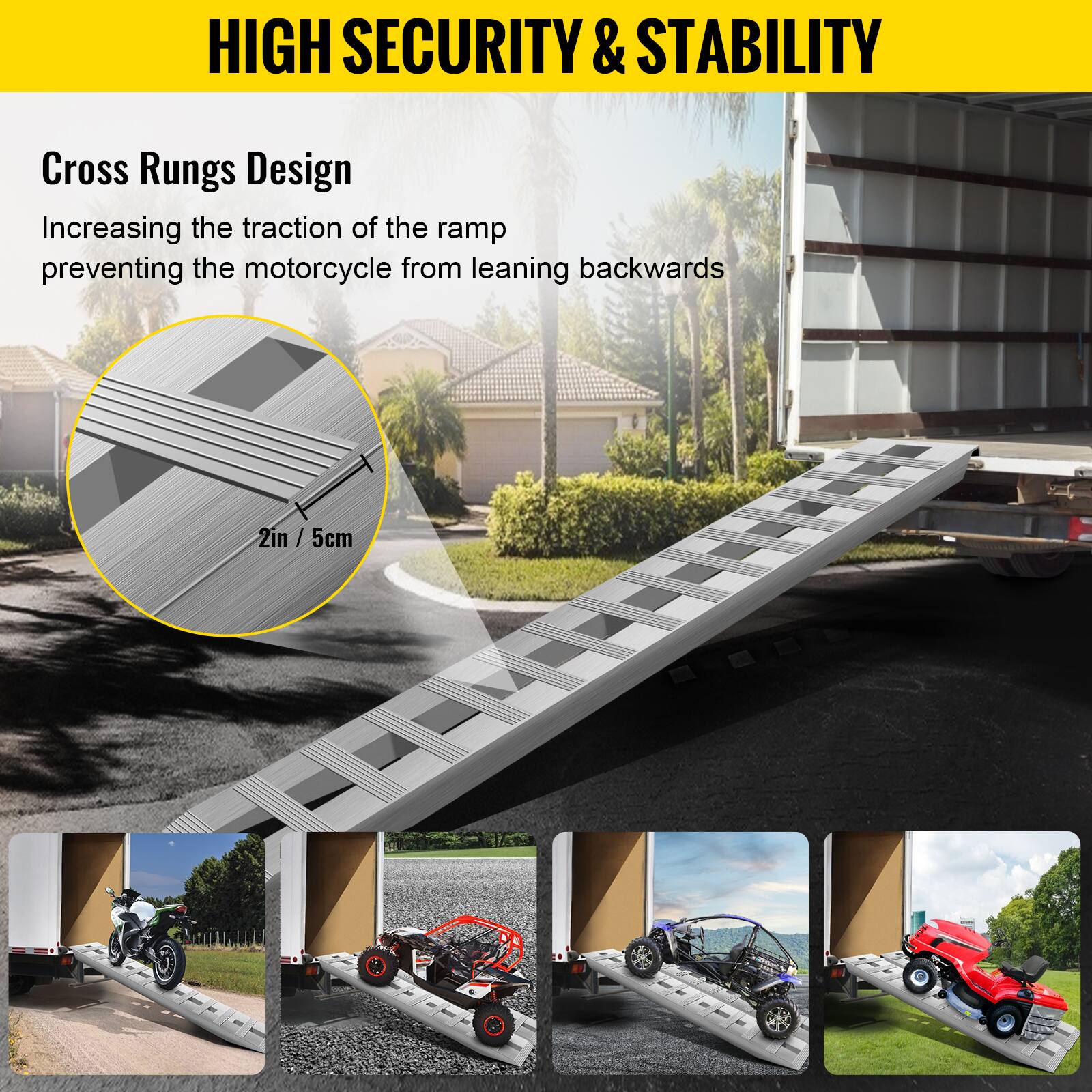 HIGH SECURITY & STABILITY

Cross Rungs Design  
Increasing the traction of the ramp preventing the motorcycle from leaning backwards  
2in / 5cm