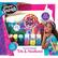 The text on the image is about a tie dye kit that includes 3 fun stampers, a tie dye fashion tote, and a headband. The kit allows users to create a cool tie-dyed headband and a colorful tote. The kit comes with a variety of colors, including magenta, yellow, and teal. The image also shows a young girl wearing a tie dye headband and tote.
