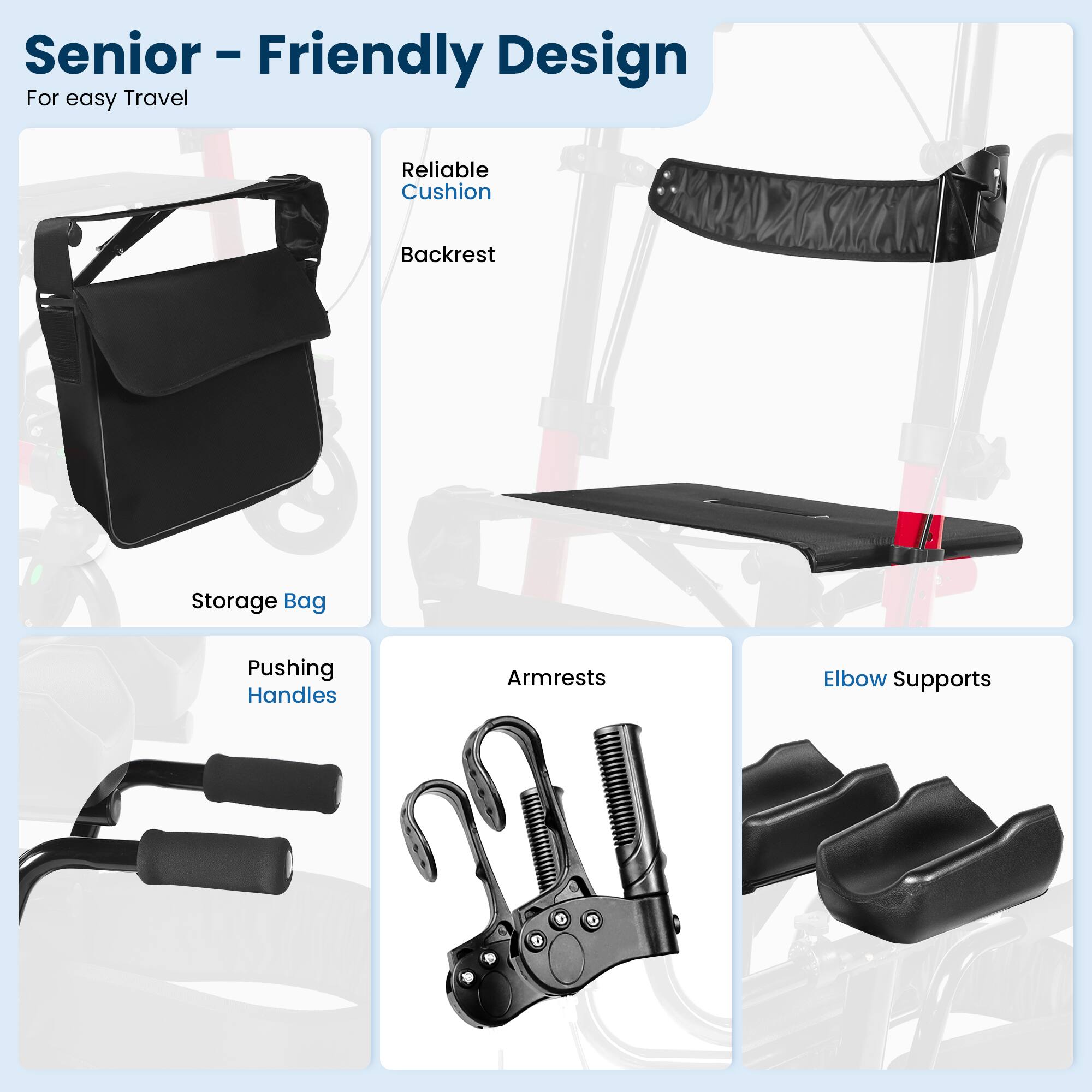Senior - Friendly Design For easy Travel Reliable Cushion Backrest Storage Bag Pushing Handles Armrests Elbow Supports