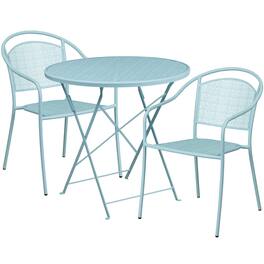 Emma + Oliver - Commercial Grade 30" Round Metal Folding Patio Table Set w/ 2 Round Back Chairs - Sky Blue