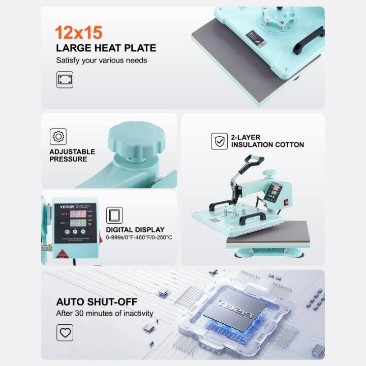 12x15 LARGE HEAT PLATE  
Satisfy your various needs  

ADJUSTABLE PRESSURE  

2-LAYER INSULATION COTTON  

DIGITAL DISPLAY  
0-999s/0°F-480°F/0-250°C  

AUTO SHUT-OFF  
After 30 minutes of inactivity