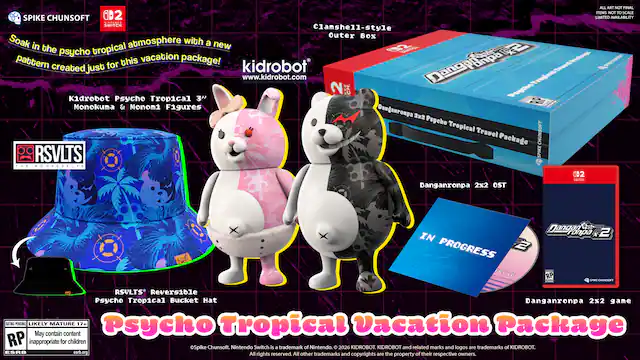ALL ART NOT FINAL. TLMS NOT TO SCALE. SPIKE CHUNSOFT 2 LIMITED AVAILABILITY. RIMIENE. SWITCH clamshell-style EE outer. Soak in the psycho tropical atmosphere with a new pattern created just for this vacation package! Kidrobot Psycho Tropical 3" Monokuma & Monomi Figures. RSVLTS Reversible Psycho Tropical Bucket Hat. Danganronpa 2x2 OST IN PROGRESS. Danganronpa 2x2 game. Psycho Tropical Vacation Package. May contain MATURE content 17+. Psycho Tropical Vacation Package May be inappropriate for children. Spike Chunsoft. Nintendo Switch is a trademark of Nintendo. 2026 KIDROBOT. KIDROBOT and related marks and logos are trademarks of KIDROBOT. ESRB esrb.org. All rights reserved. All other trademarks and the copyrights are the property of their respective owners. - RP (Rating Pending)