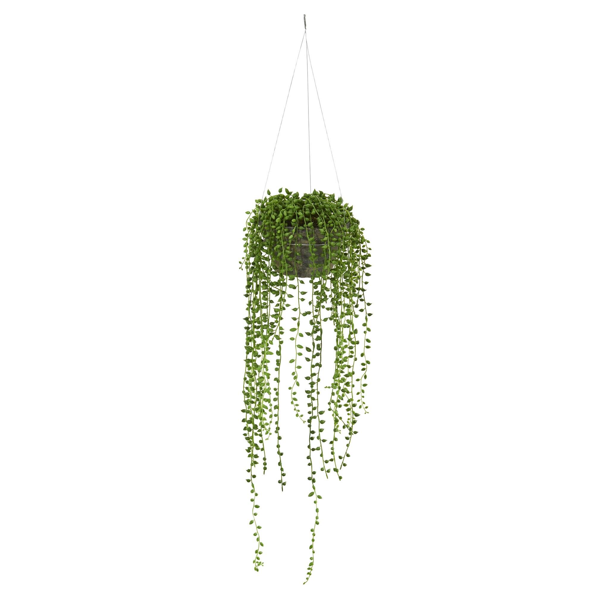 Front. BreeBe - 21” String of Pearl Artificial Plant Hanging Basket - Green.