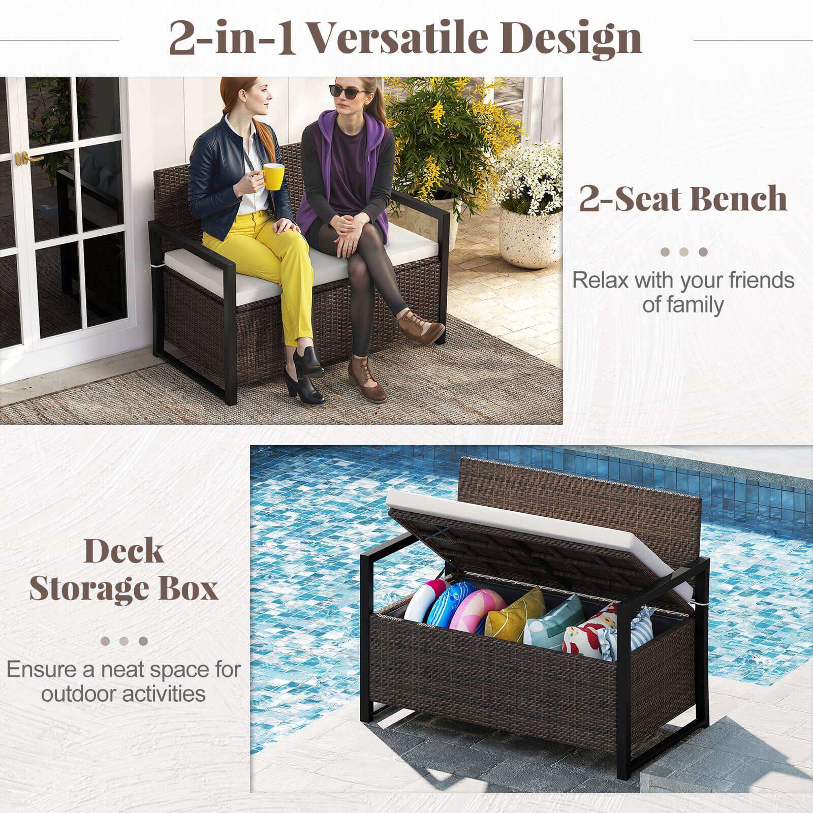 2-in-1 Versatile Design
2-Seat Bench
Relax with your friends of family
Deck Storage Box
Ensure a neat space for outdoor activities