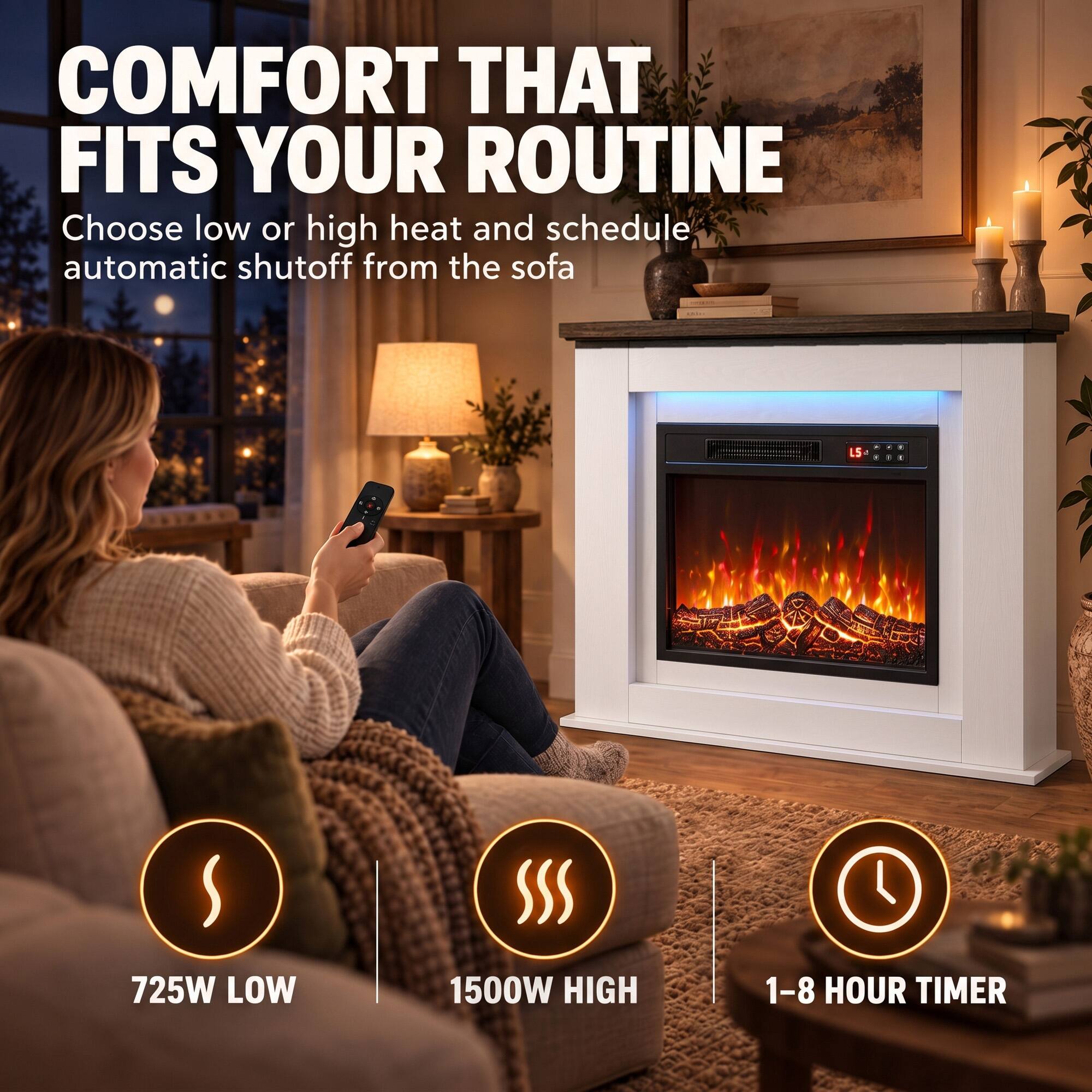 COMFORT THAT FITS YOUR ROUTINE  
Choose low or high heat and schedule automatic shutoff from the sofa

L5 -  
725W LOW  
1500W HIGH  
1-8 HOUR TIMER