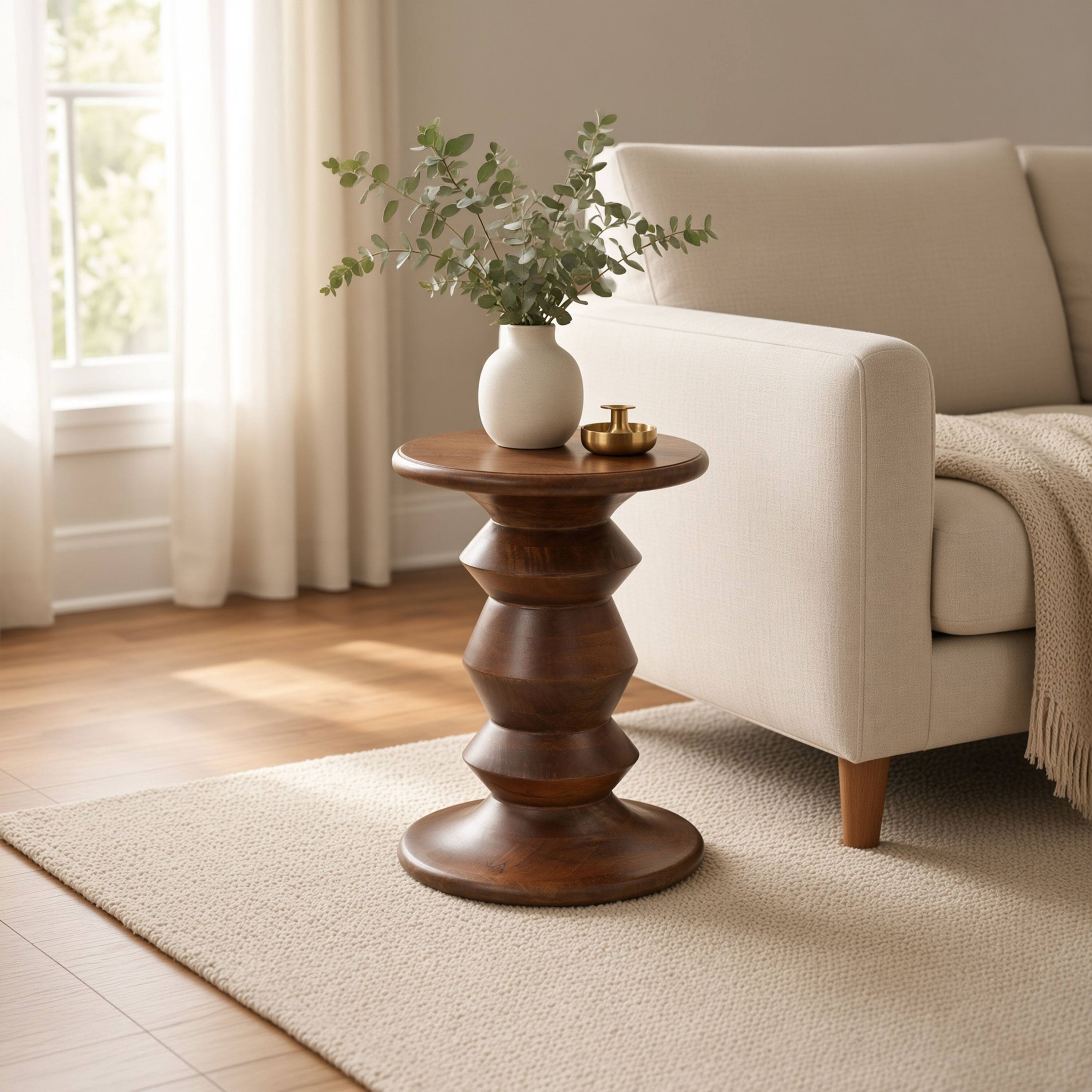 Alt View 6. Manhattan Lane - Jie Side End Table, Sculpted Pedestal Base, Mango Wood, 18.5 Inch - Walnut Brown.