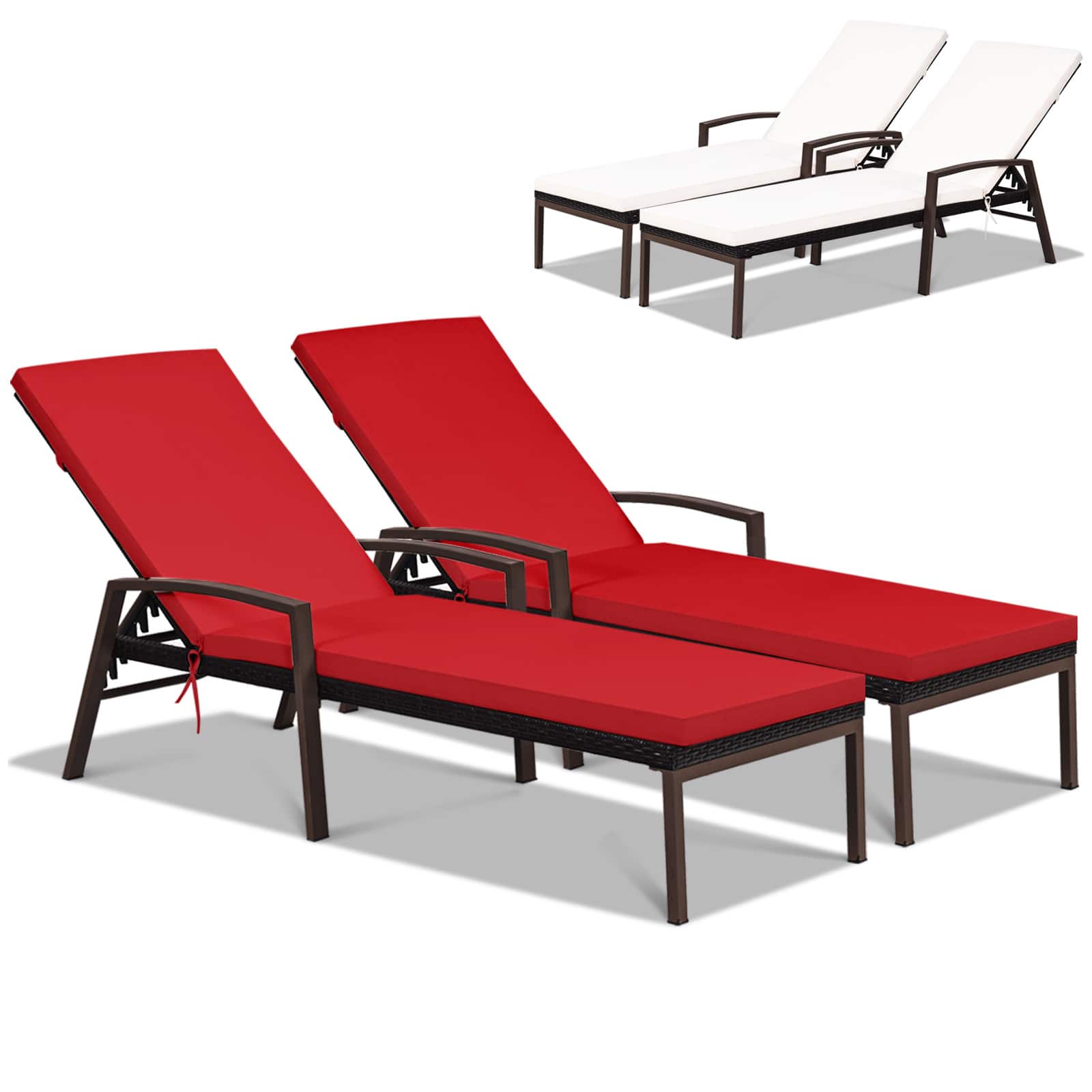 Gymax - 2 PCS Patio Rattan Chaise Lounge Chair Outdoor Reclining Chaise Sun Lounger - Brown