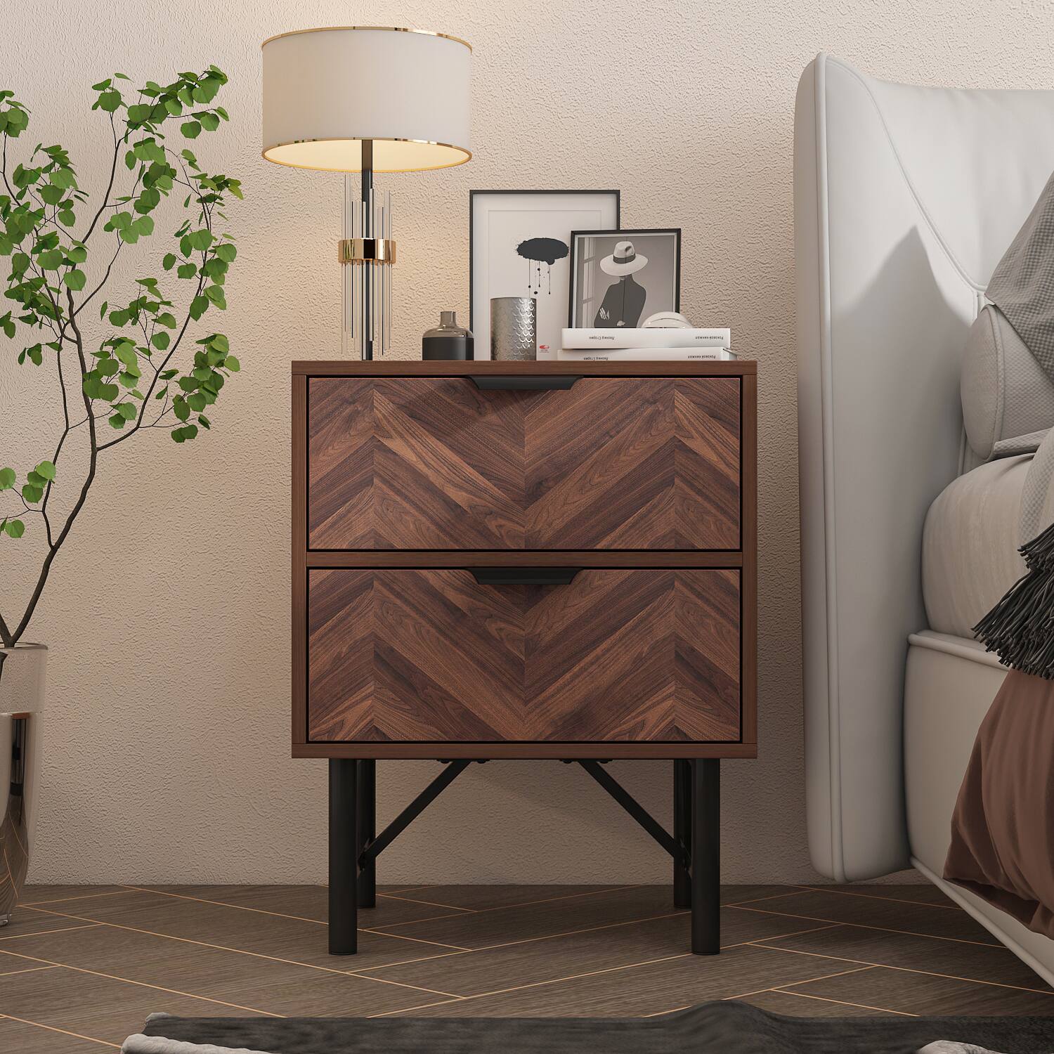 Alt View 5. FUFU & GAGA - FUFU&GAGA Herringbone - Pattern Nightstand: 2 - Drawer Mid - Century Modern Style - Brown.