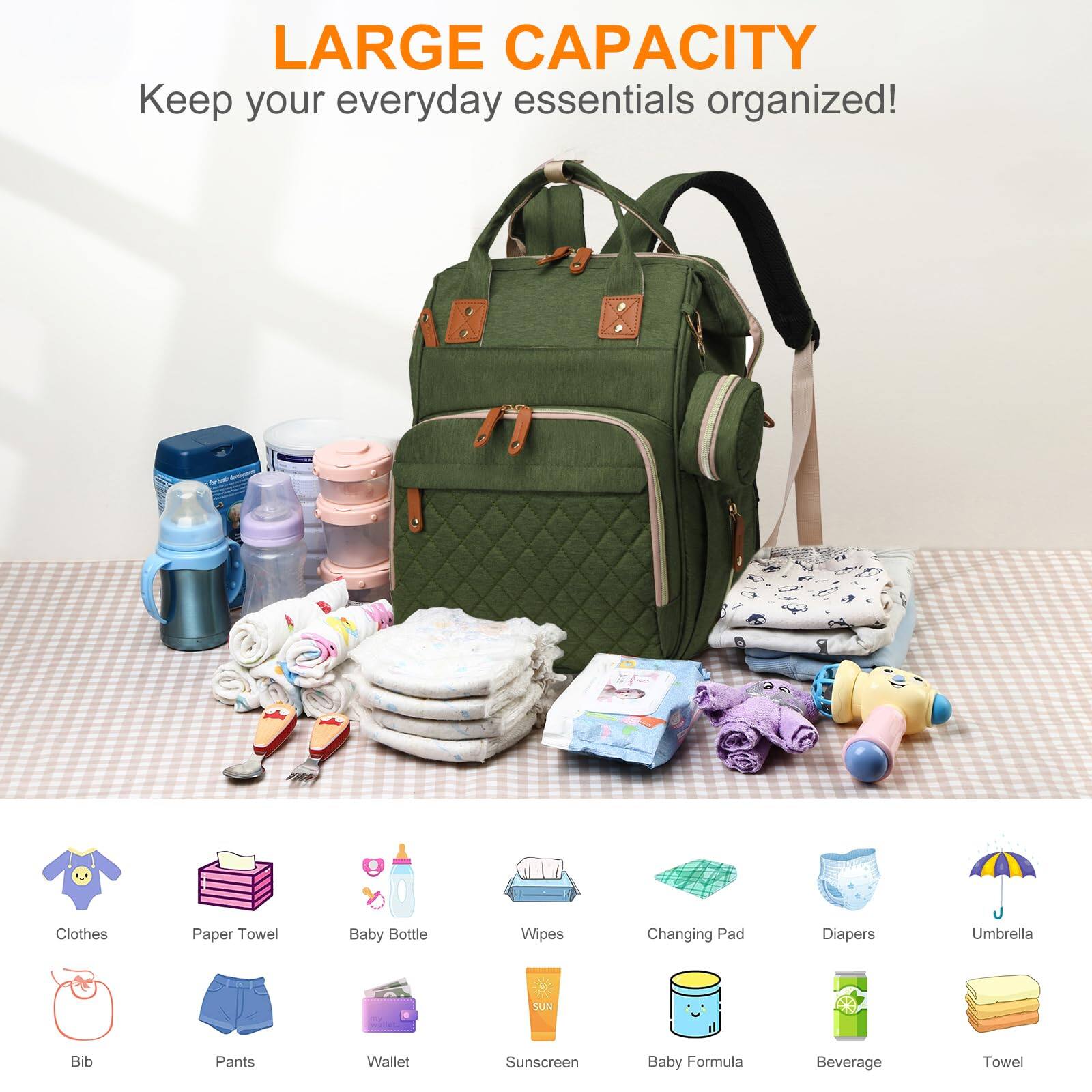LARGE CAPACITY  
Keep your everyday essentials organized!

- Clothes
- Paper Towel
- Baby Bottle
- Wipes
- Changing Pad
- Diapers
- Umbrella
- Bib
- Pants
- Wallet
- Sunscreen
- Baby Formula
- Beverage
- Towel