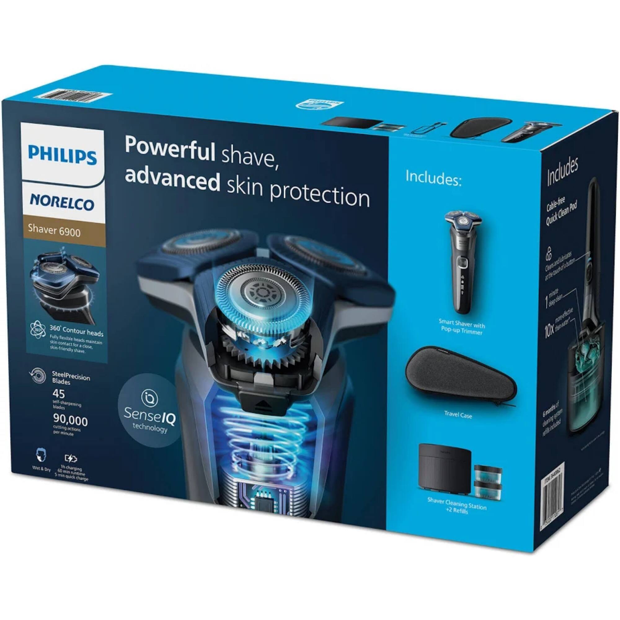 PHILIPS Powerful shave, advanced skin protection

Includes:
- NORELCO Shaver 6900
- Cable-free Quick Clean
- 360 Contour Heads
- SteelPrecision Blades
- 45 Self-Sharpening
- 90,000 cutting actions
- SenseIQ technology
- Travel Case
- Shaver Cleaning Station
- 2 Refills