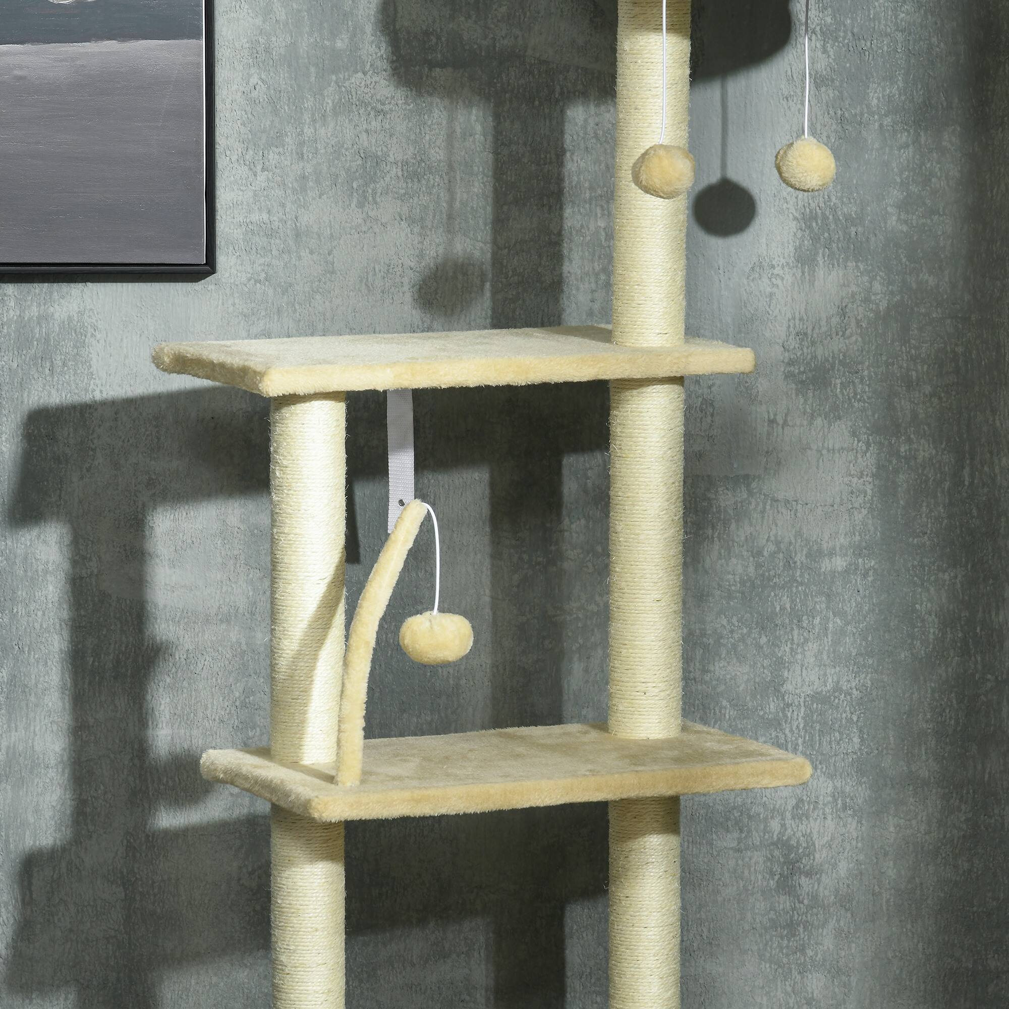 Alt View 5. Pawhut - Floor to Ceiling Cat Tree, 90.5"-98.5" Adjustable, Climbing Tower, Platforms, Bed, Scratching Posts, Toy Balls - Beige.