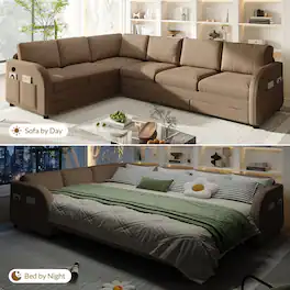 Anysun - 115.2" L-Shaped Sofa w/ Pull-Out Bed, Oversize Sleeper, Side Pocket, USB Port, Sherpa Fleece, Convertible Left/Right - Brown