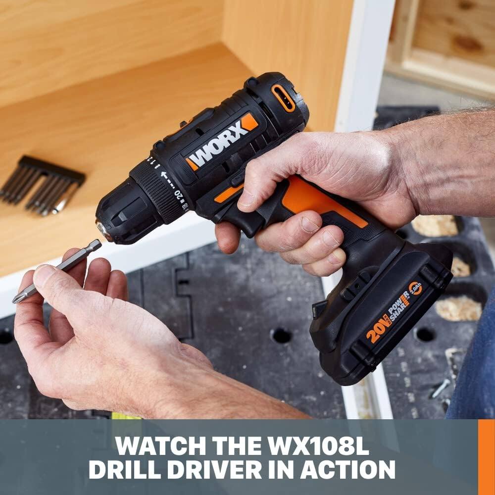 I 812 - WORX I 18=20 20 - 18 5 2DAh R I SHAR 20V WATCH THE WX108L DRILL DRIVER IN ACTION
