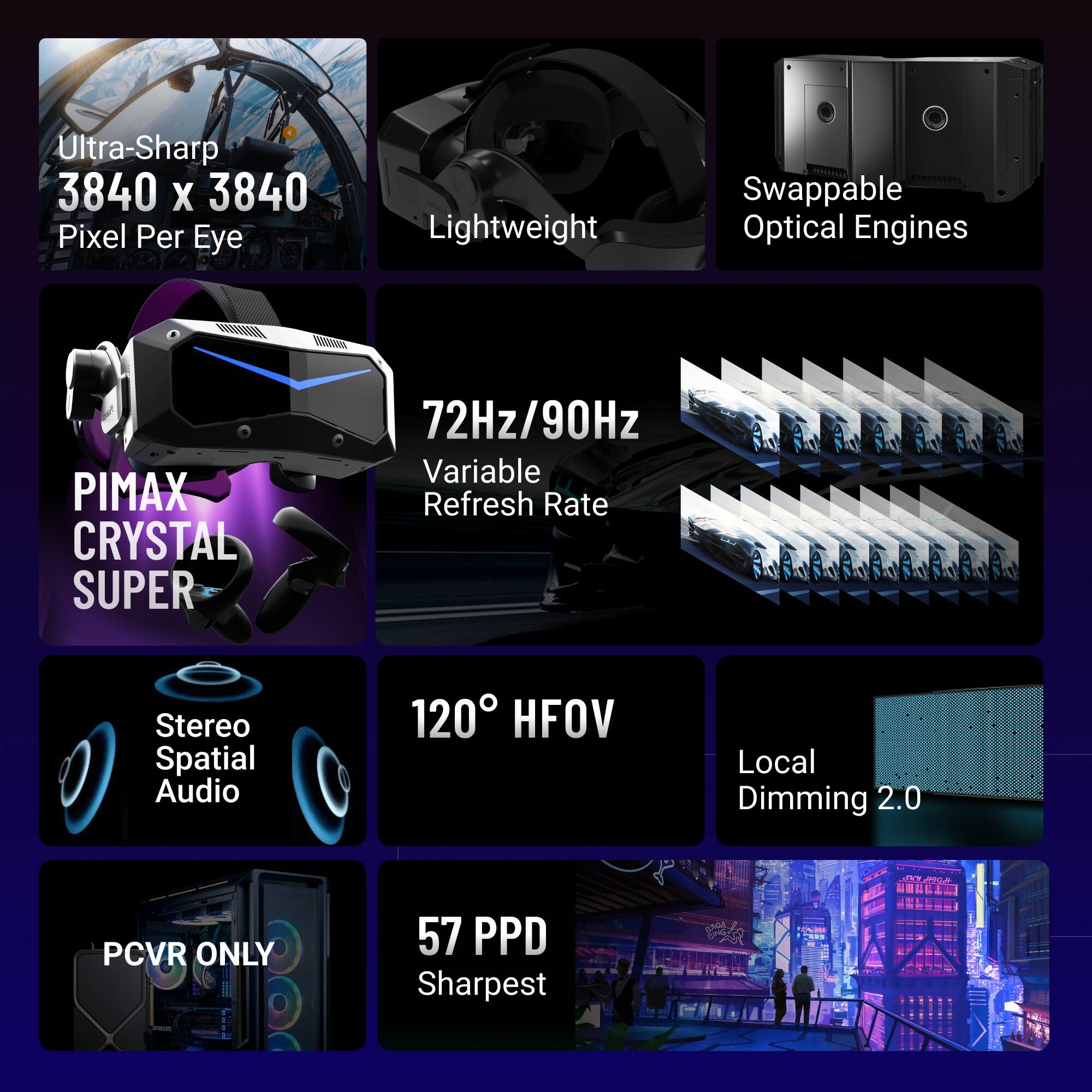 Ultra-Sharp 3840 x 3840 Pixel Per Eye  
Lightweight  
Swappable Optical Engines  

Pimax Crystal Super  
72Hz/90Hz Variable Refresh Rate  
Stereo Spatial Audio  
120° HFOV  
Local Dimming 2.0  

PCVR ONLY  
57 PPD Sharpest