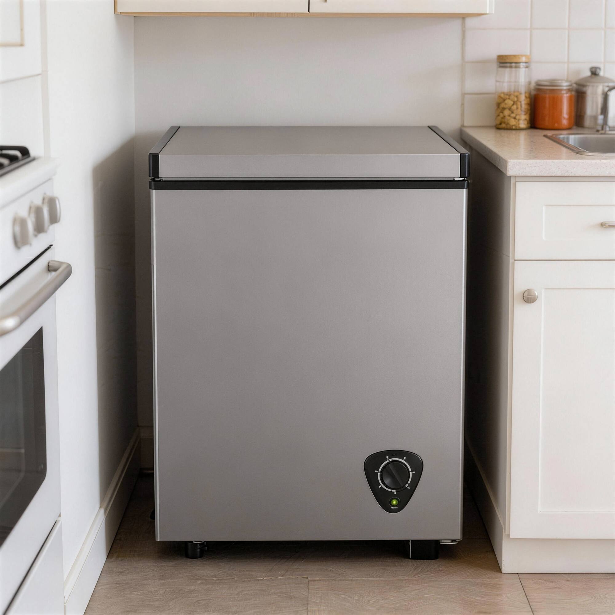 Left. Vaczon - 3.5 Cu. Ft. Chest Freezer with Adjustable Temperature Control Energy-Efficient for Food Storage, Apartments, Dorms & RV - Gray.