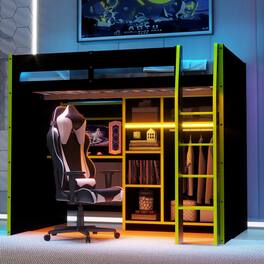 Anysun - Full Size Wood Loft Bed with Desk,Open Wardrobe,Storage Compartments and RGB Lights - Green