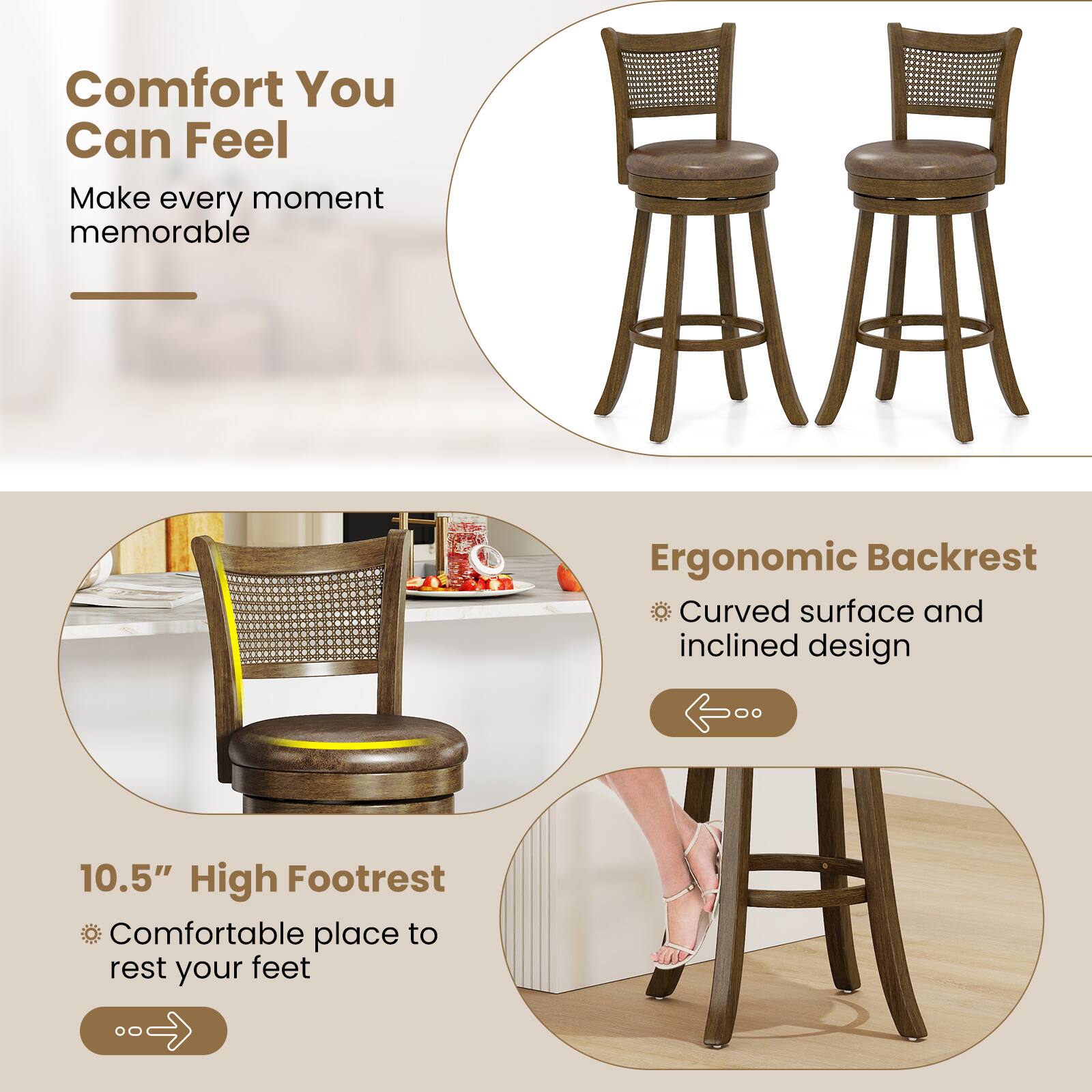 Comfort You Can Feel  
Make every moment memorable  

Ergonomic Backrest  
Curved surface and inclined design  

10.5" High Footrest  
Comfortable place to rest your feet