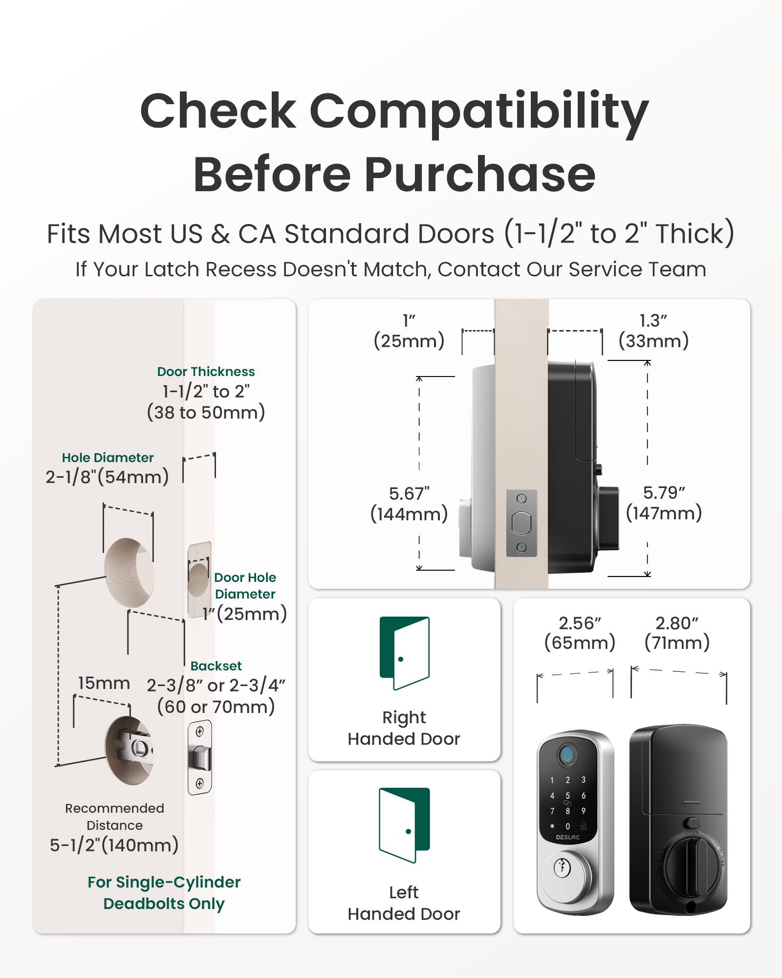 Check Compatibility Before Purchase  
Fits Most US & CA Standard Doors (1-1/2" to 2" Thick)  
If Your Latch Recess Doesn't Match, Contact Our Service Team  

Door Thickness: 1-1/2" to 2" (38 to 50mm)  
Hole Diameter: 2-1/8" (54mm)  
Door Hole Diameter: 1" (25mm)  
Backset: 15mm 2-3/8" or 2-3/4" (60 or 70mm)  
Recommended Distance: 5-1/2" (140mm)  

For Single-Cylinder Deadbolts Only  

Right Handed Door:  
2.56" (65mm)  
2.80" (71mm)  

Left Handed Door