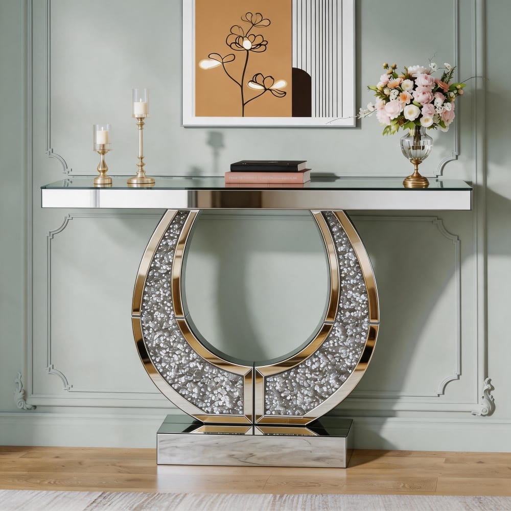 Loheer - 45 inch mirrored console table, crushed diamond entryway table with O-Shaped frame - Silver