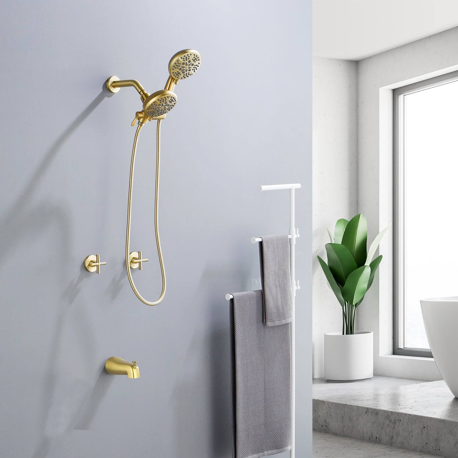 Alt View 2. Boyel Living - Brushed Gold Shower Set with 7 Function Dual Shower Heads and Tub Spout - Brushed Gold.