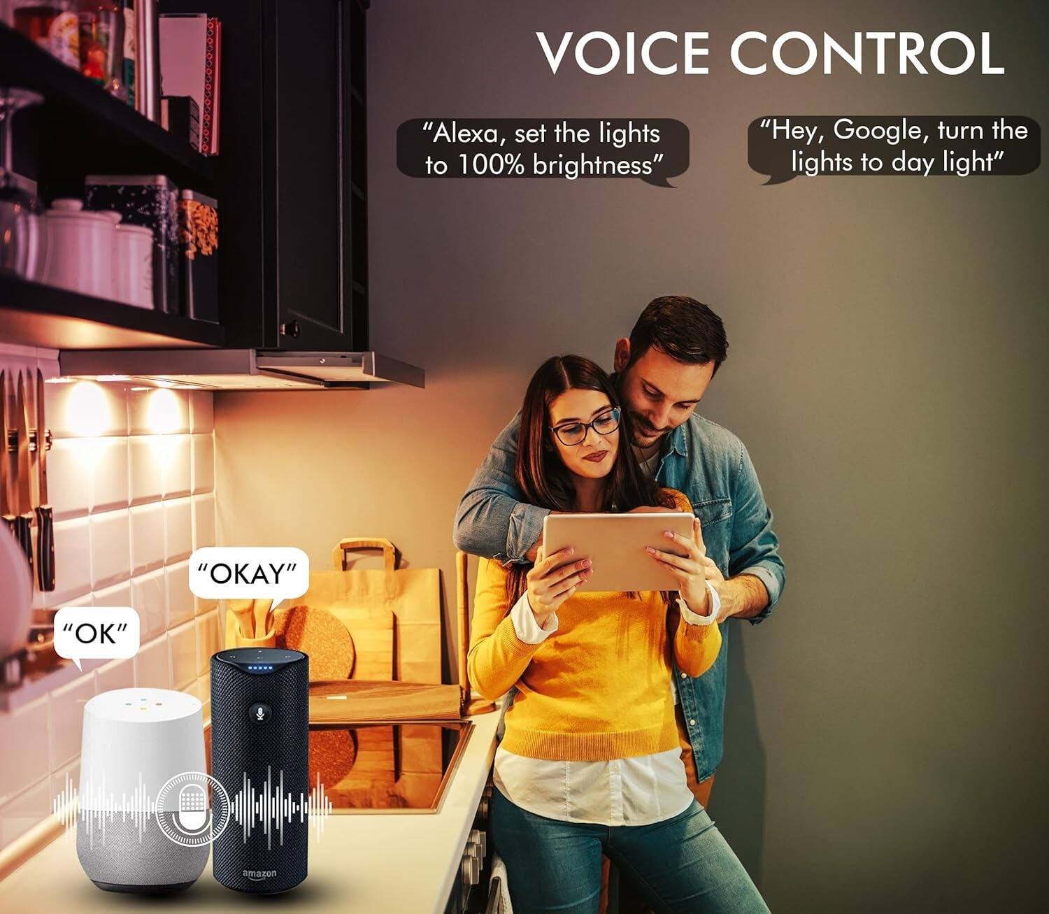 VOICE CONTROL

"Alexa, set the lights to 100% brightness"

"Hey, Google, turn the lights to day light"

"OK"

"OKAY"